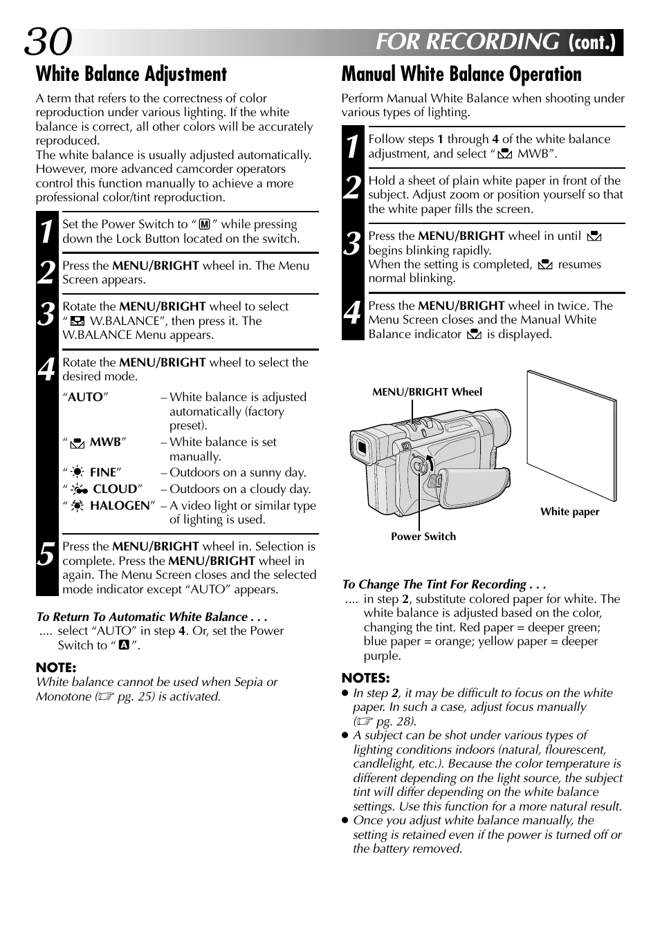 For recording, White balance adjustment, Manual white balance operation | Cont.) | JVC GR-DVL315 User Manual | Page 30 / 68