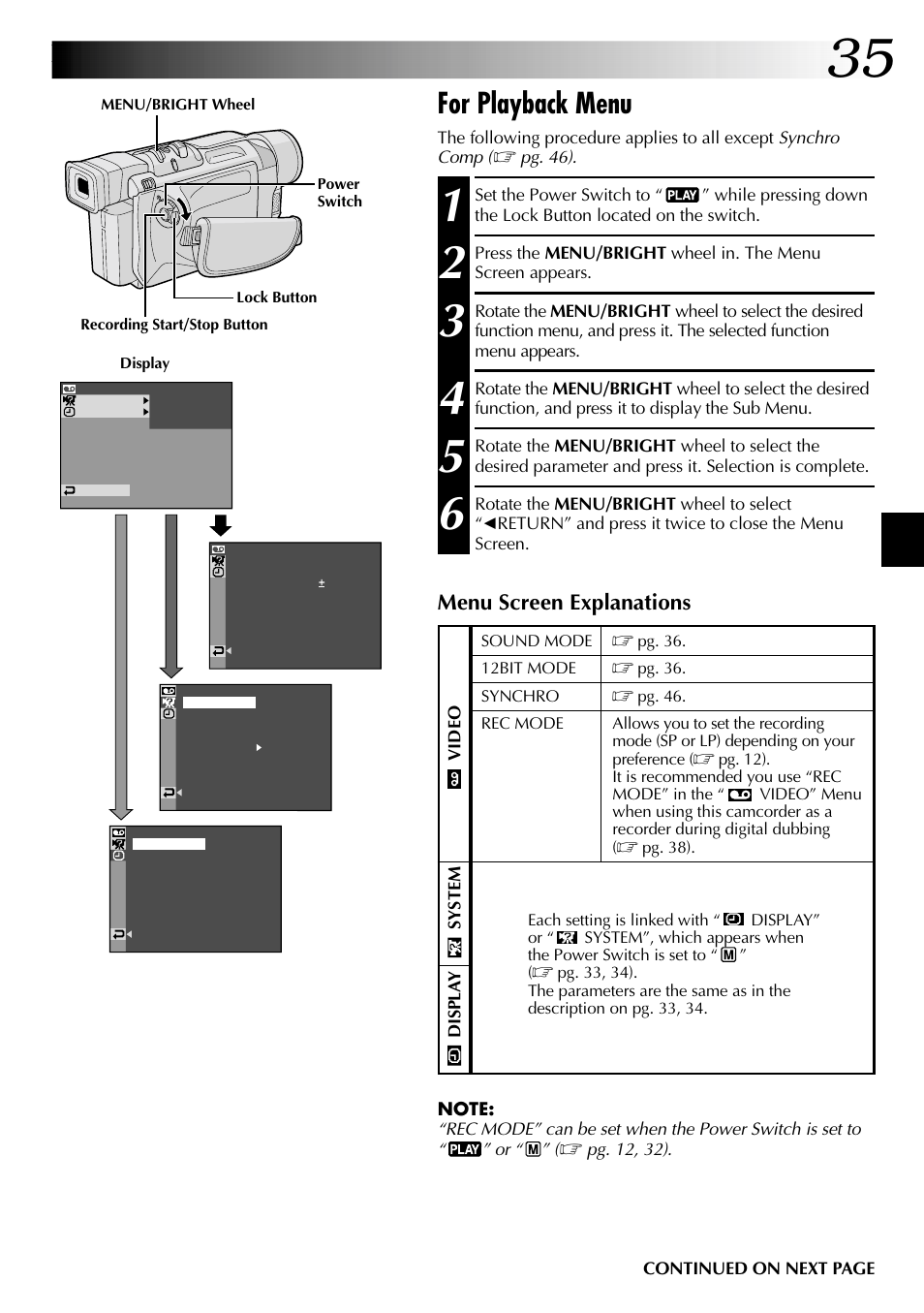 For playback menu, Menu screen explanations | JVC GR-DVL315 User Manual | Page 35 / 68