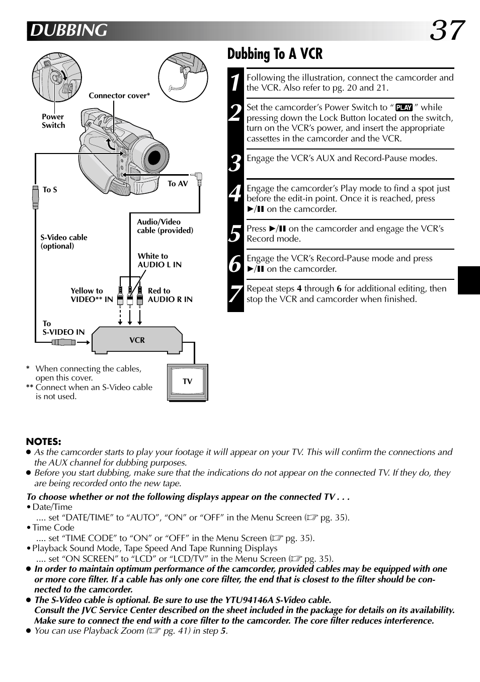 Dubbing, Dubbing to a vcr | JVC GR-DVL315 User Manual | Page 37 / 68