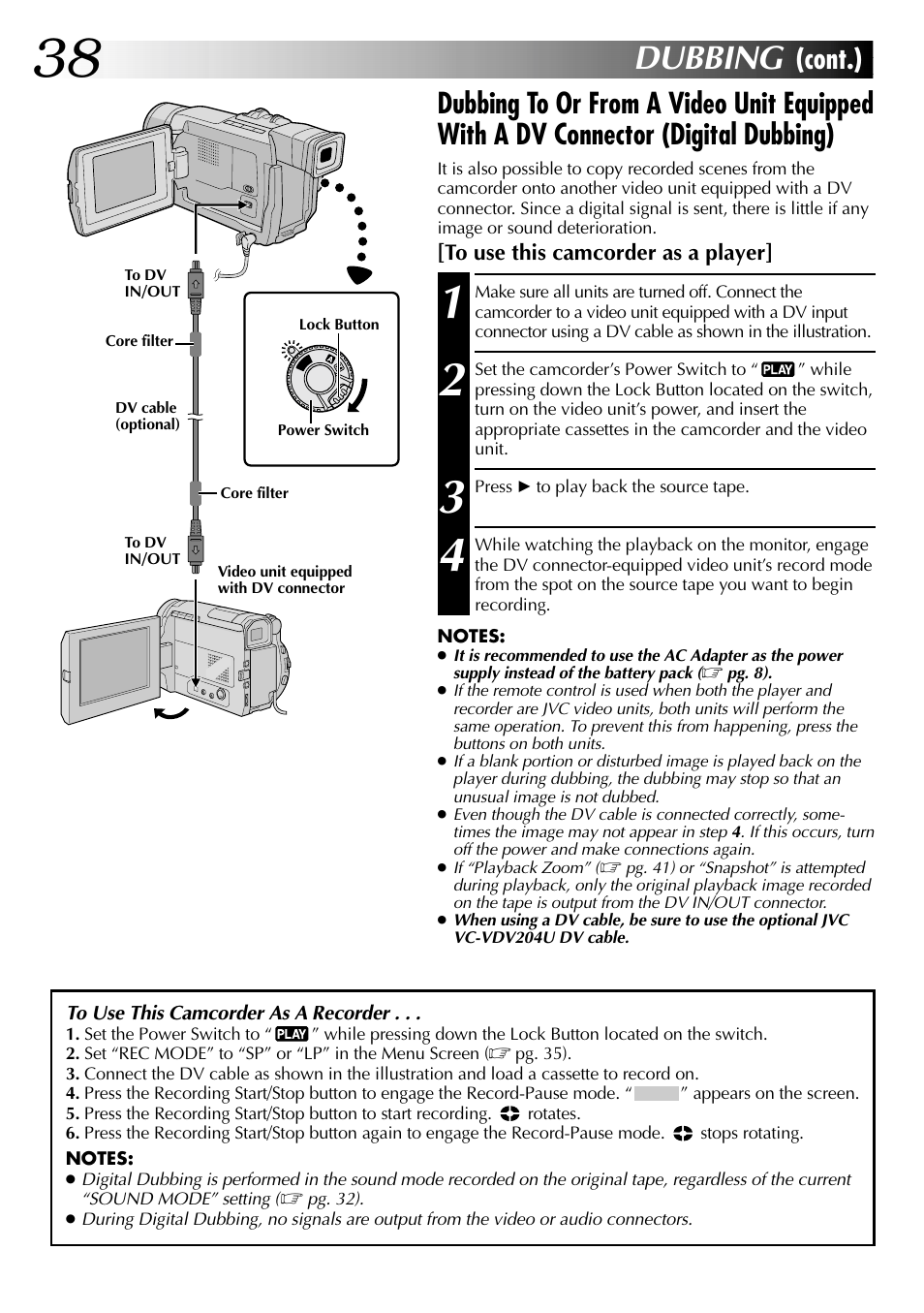 Dubbing, Cont.) | JVC GR-DVL315 User Manual | Page 38 / 68