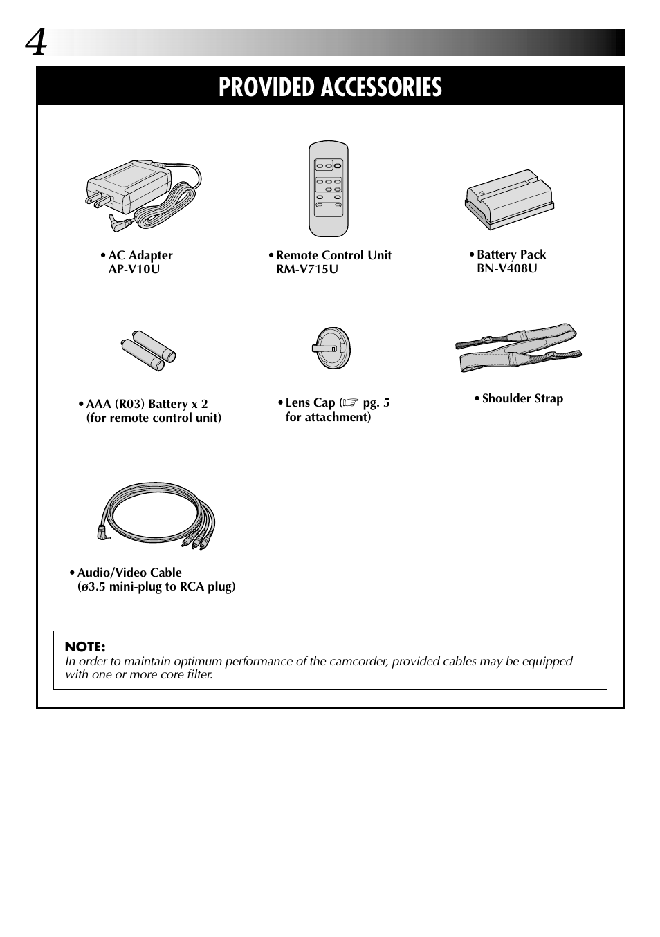 Provided accessories | JVC GR-DVL315 User Manual | Page 4 / 68