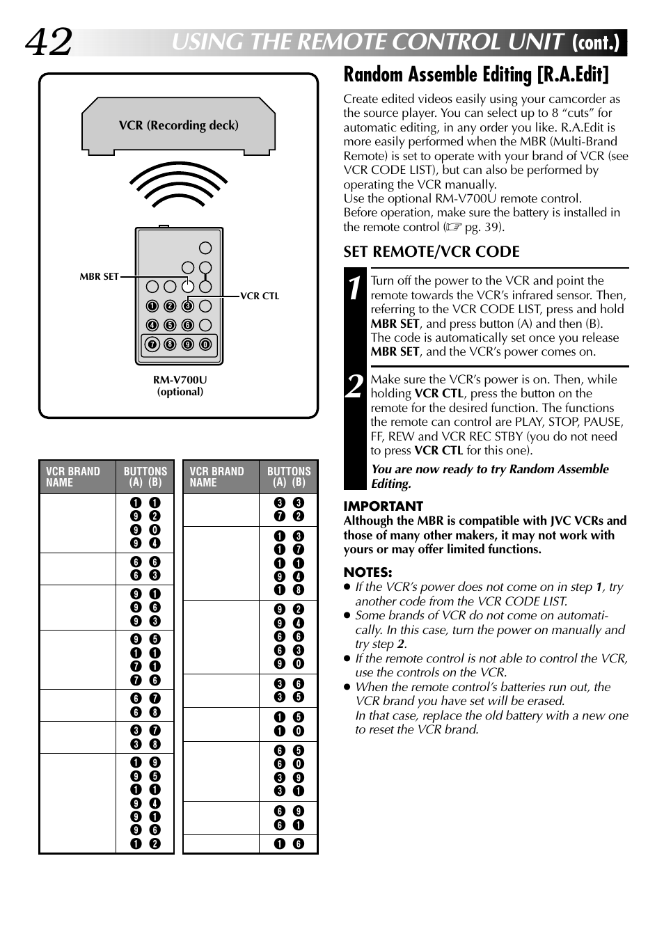 Using the remote control unit, Random assemble editing [r.a.edit, Cont.) | Set remote/vcr code | JVC GR-DVL315 User Manual | Page 42 / 68