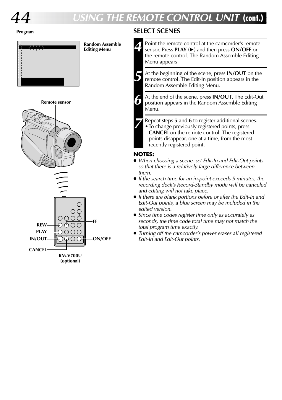 Using the remote control unit, Cont.) | JVC GR-DVL315 User Manual | Page 44 / 68