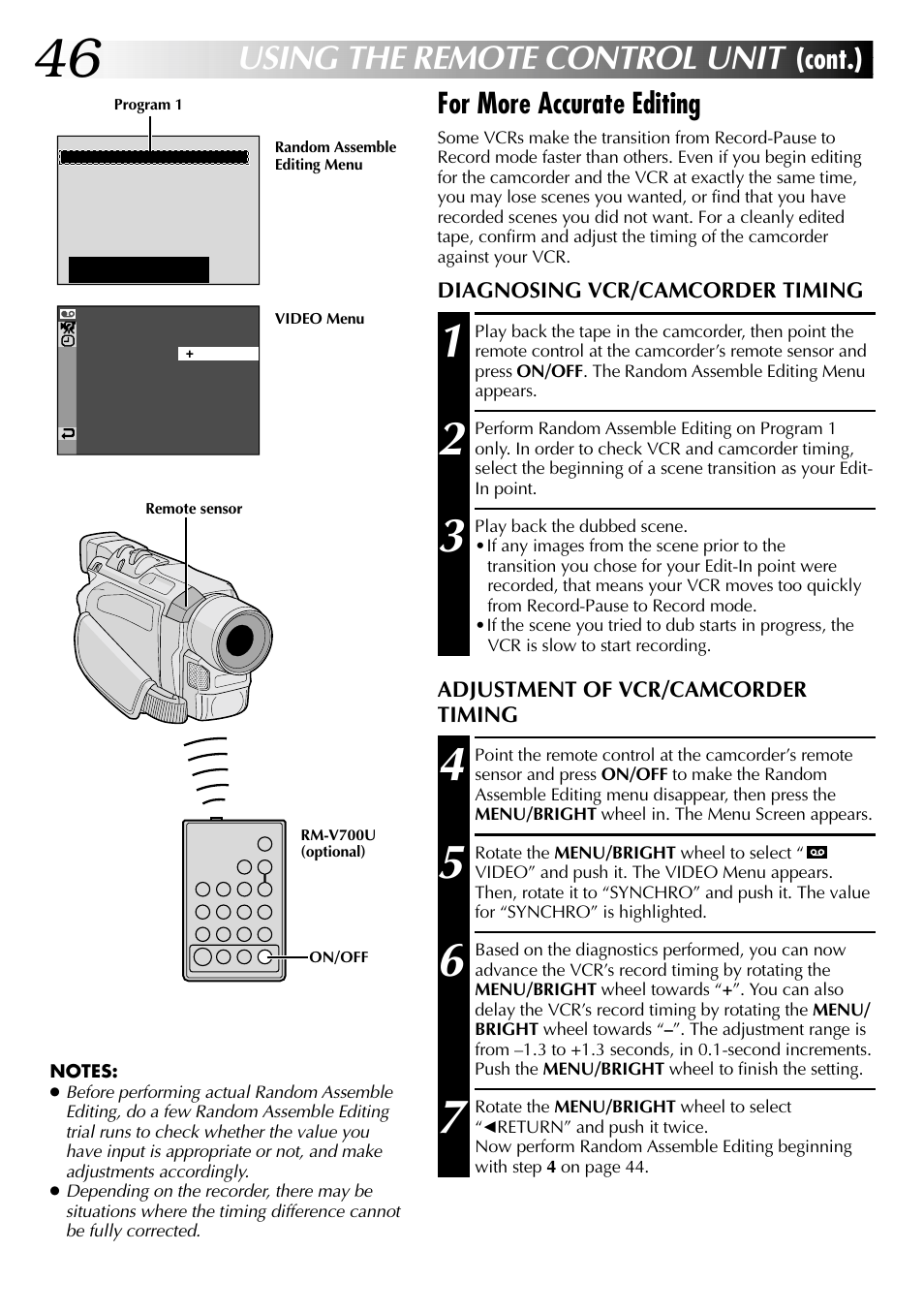 Using the remote control unit, Cont.), For more accurate editing | JVC GR-DVL315 User Manual | Page 46 / 68