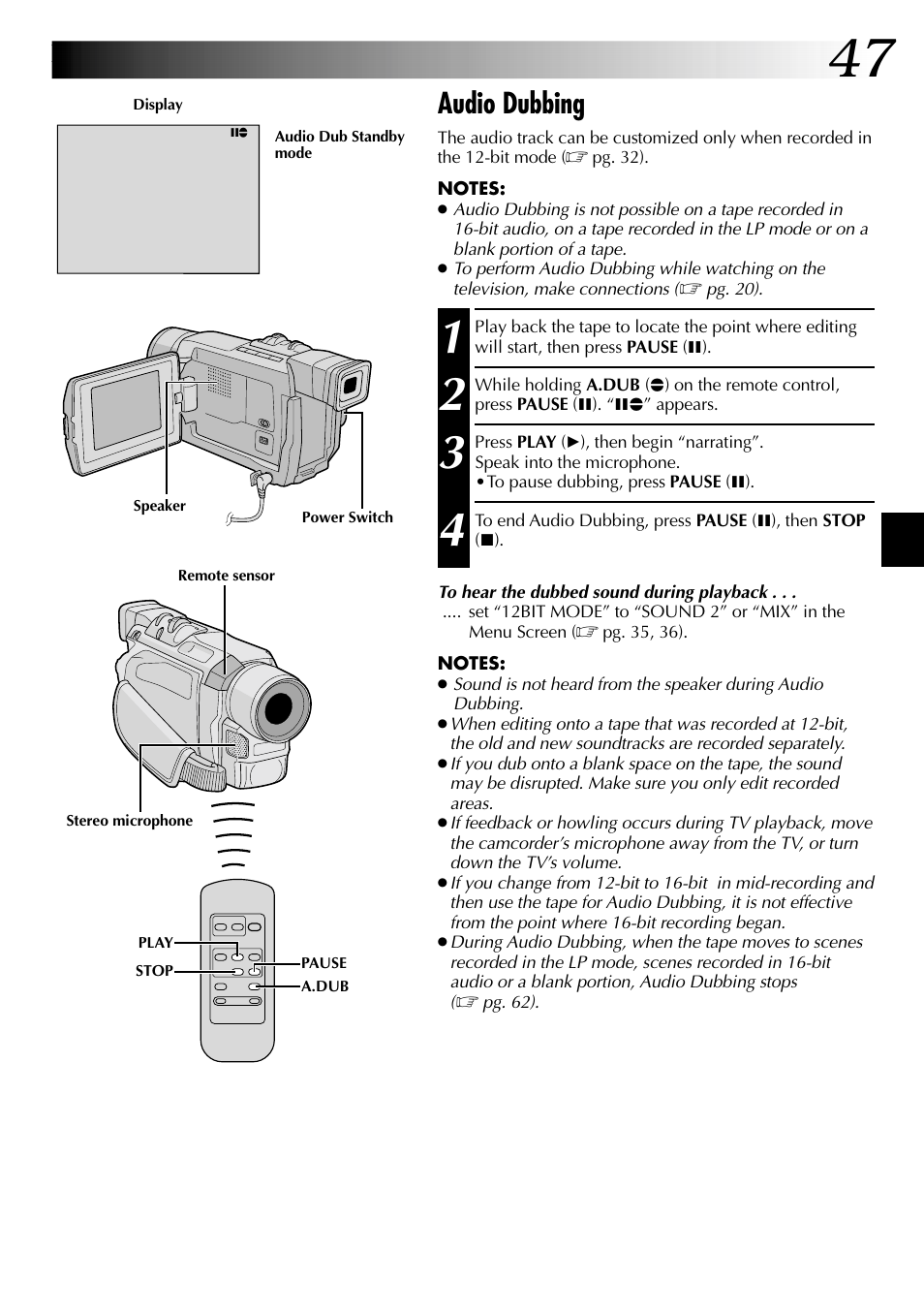 Audio dubbing | JVC GR-DVL315 User Manual | Page 47 / 68