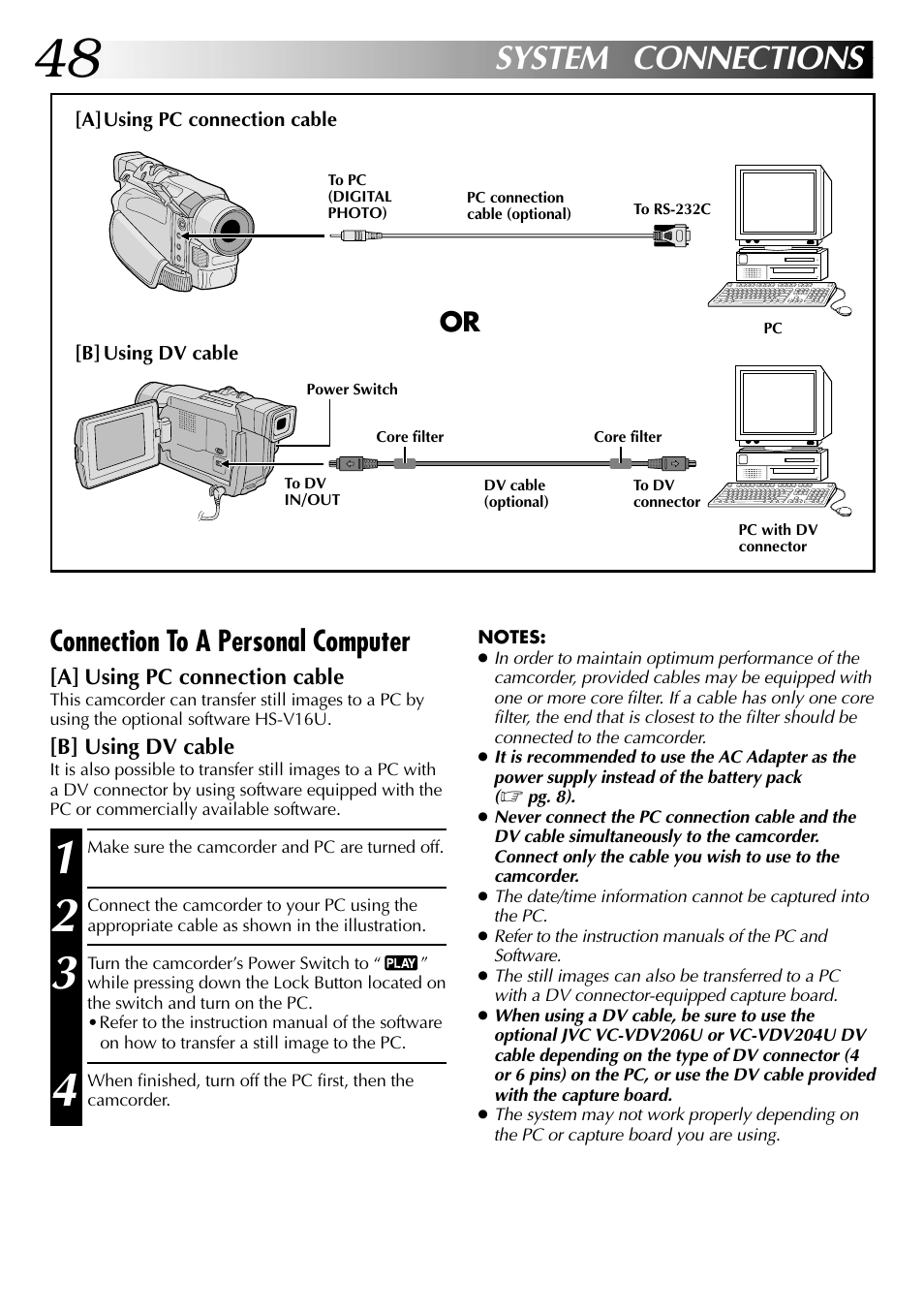 System connections, Connection to a personal computer | JVC GR-DVL315 User Manual | Page 48 / 68