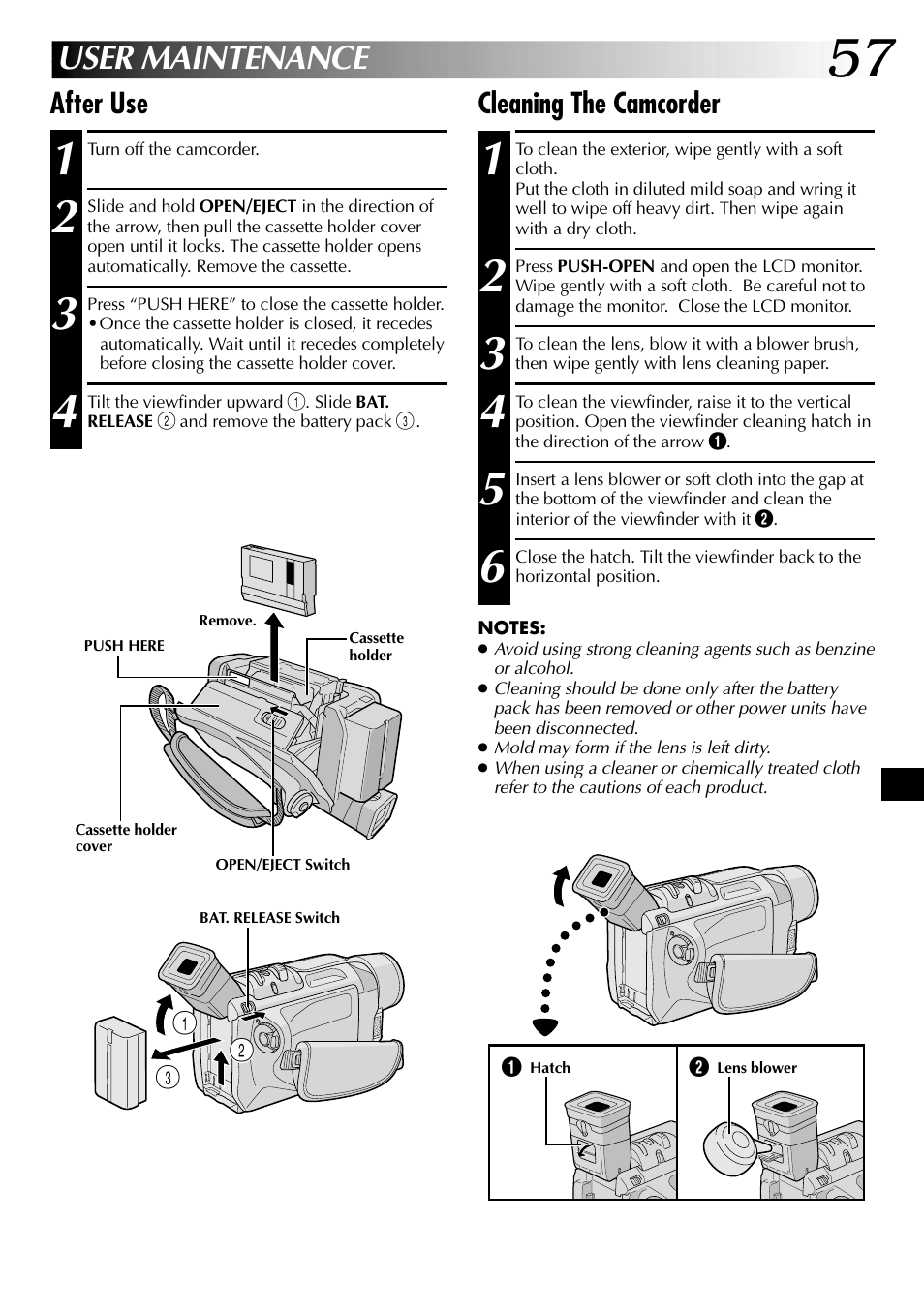 User maintenance, Cleaning the camcorder, After use | JVC GR-DVL315 User Manual | Page 57 / 68