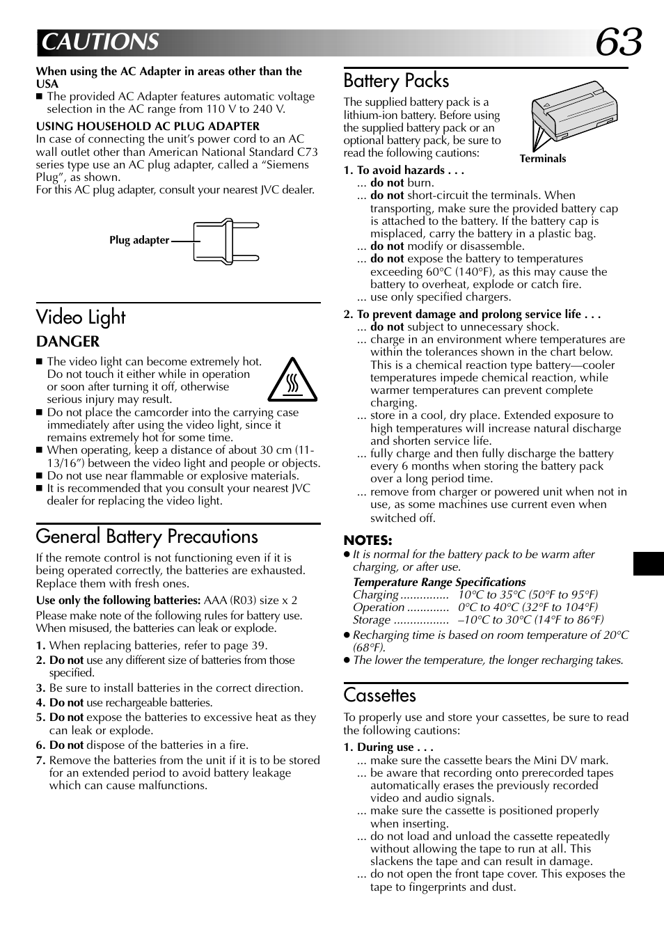 Cautions, Video light, General battery precautions | Battery packs, Cassettes | JVC GR-DVL315 User Manual | Page 63 / 68