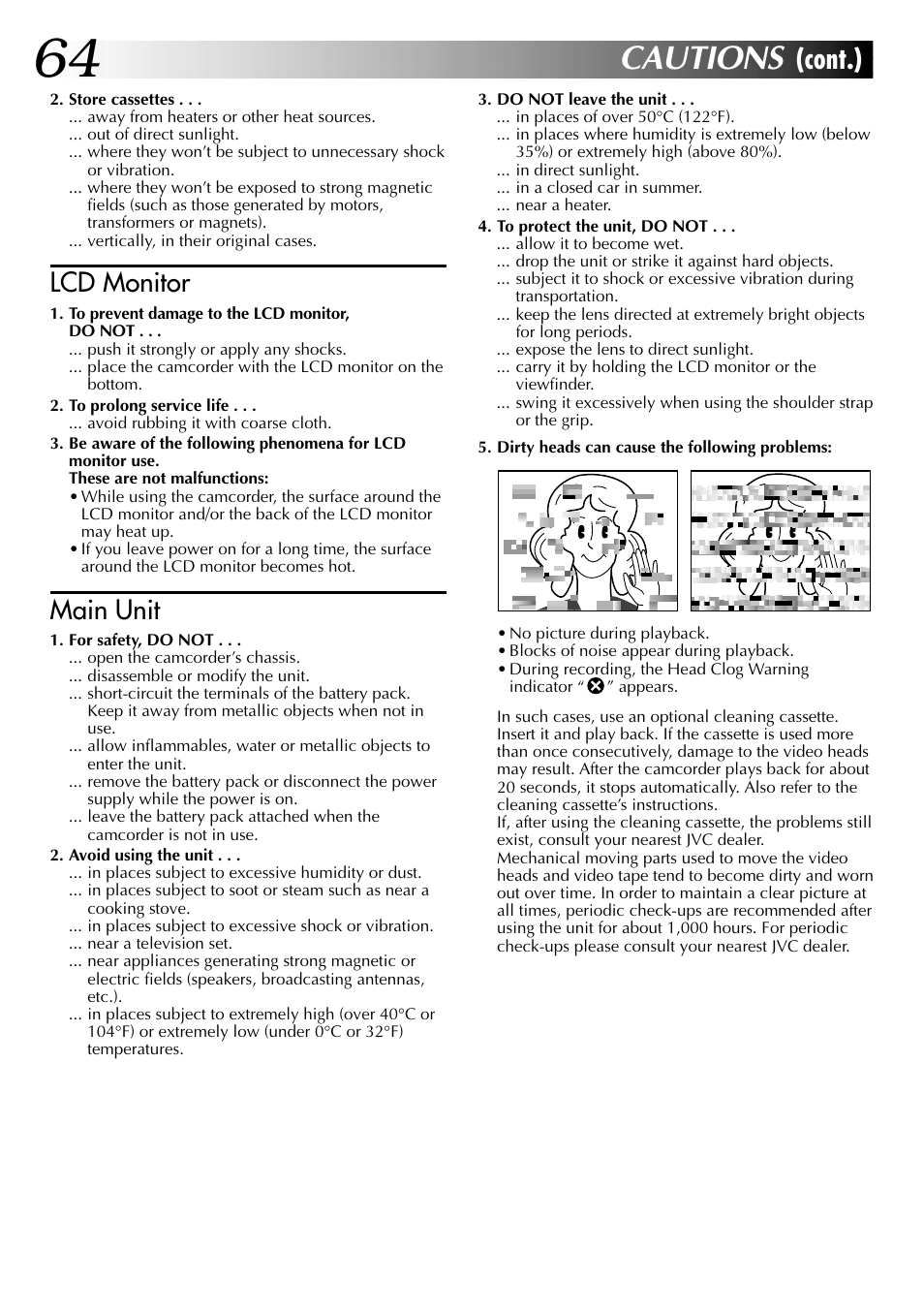 Cautions, Cont.), Lcd monitor | Main unit | JVC GR-DVL315 User Manual | Page 64 / 68