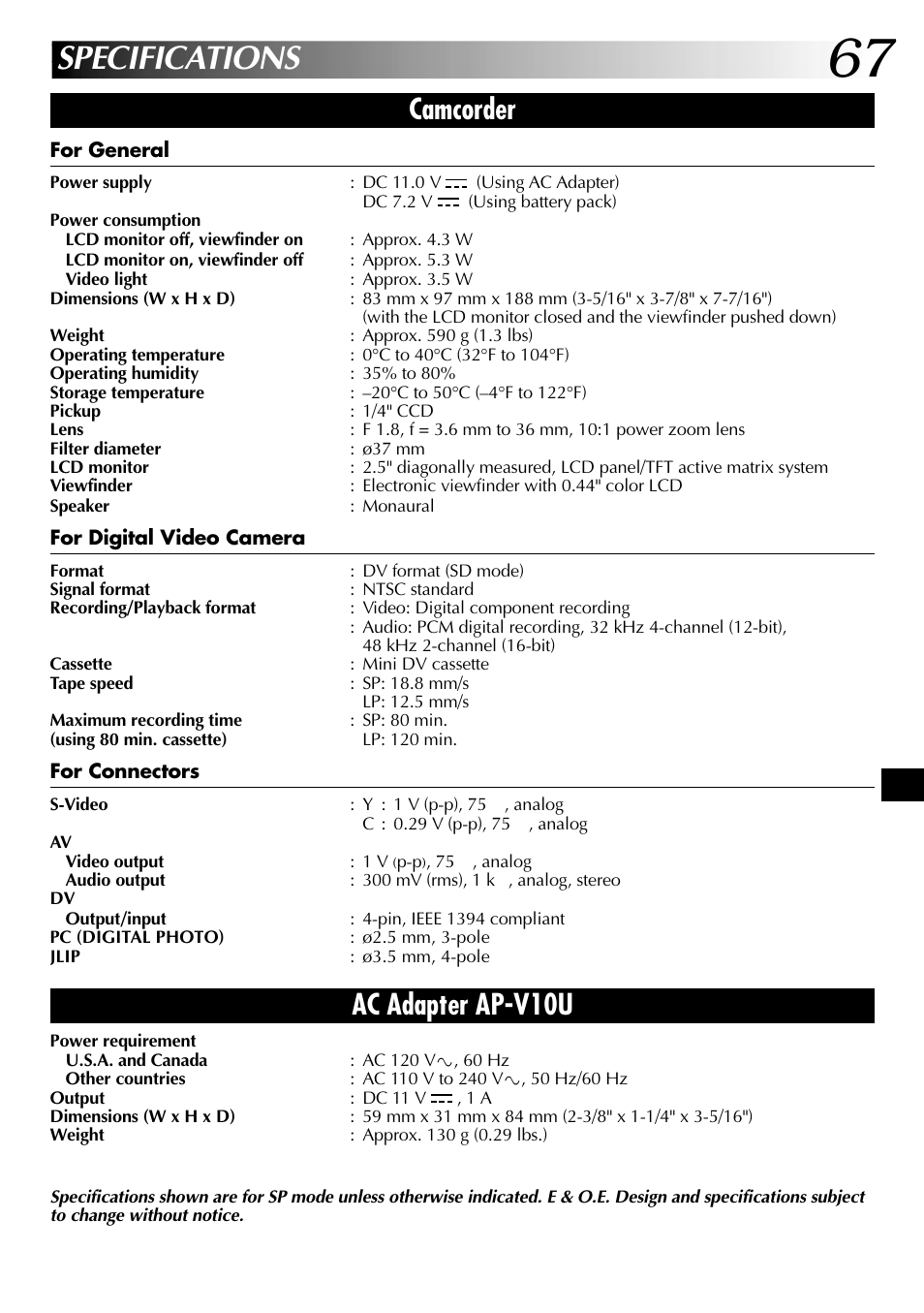 Specifications, Camcorder, Ac adapter ap-v10u | JVC GR-DVL315 User Manual | Page 67 / 68