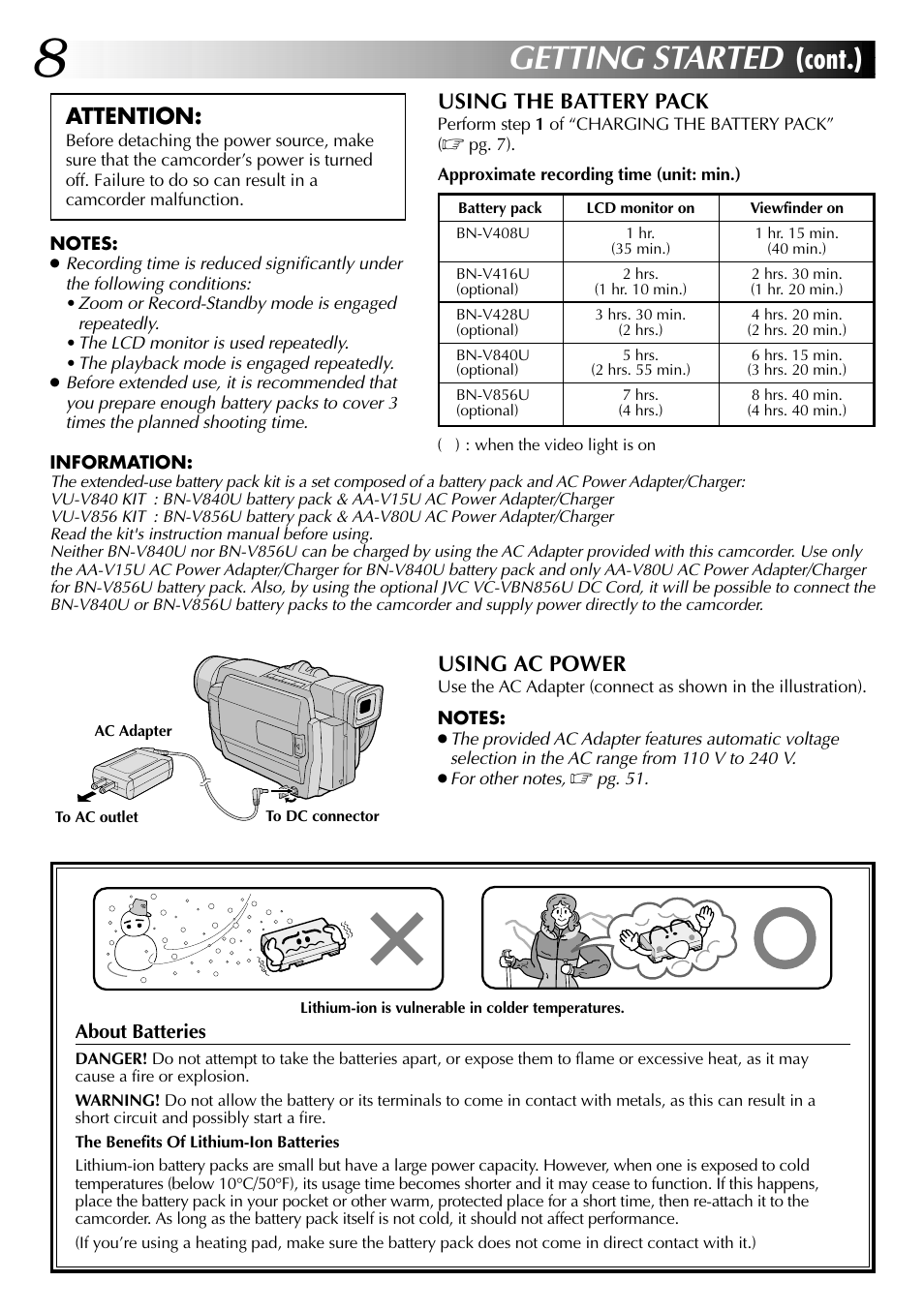 Getting started, Cont.), En using ac power | Attention, Using the battery pack | JVC GR-DVL315 User Manual | Page 8 / 68