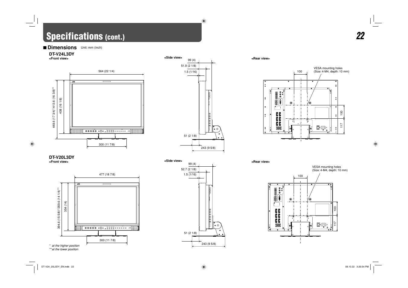 Dimensions, Specifications, Cont.) | 7 dimensions | JVC DT-V24L3DY User Manual | Page 22 / 24