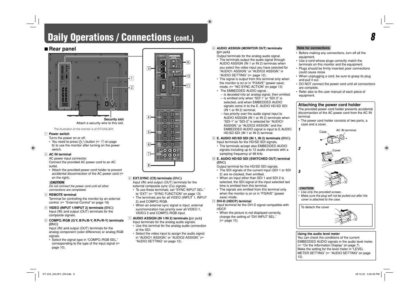 Rear panel, Daily operations / connections, Cont.) | 7 rear panel | JVC DT-V24L3DY User Manual | Page 8 / 24