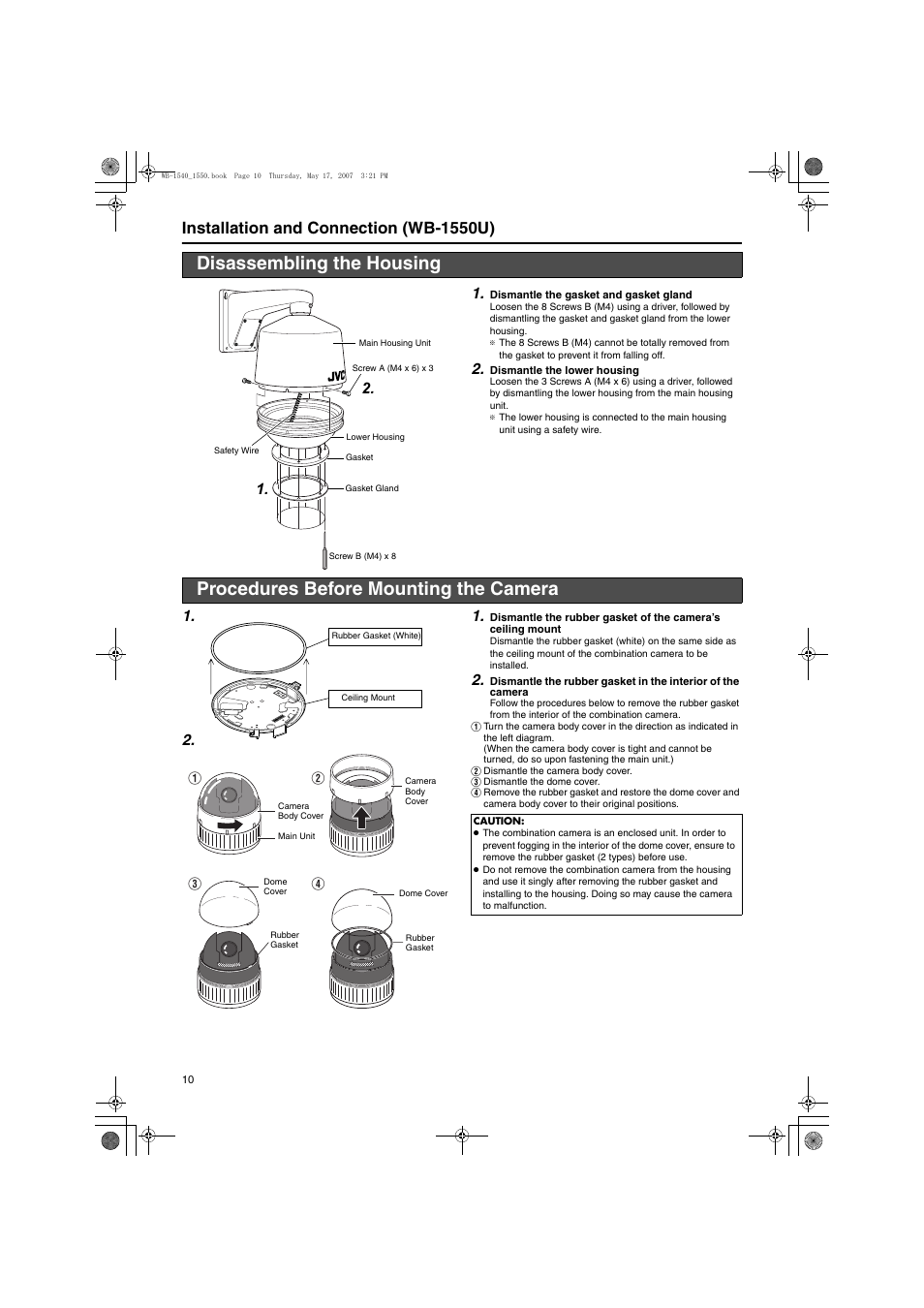 Installation and connection (wb-1550u), Disassembling the housing, Procedures before mounting the camera | A pg. 10) to th, A pg. 10) | JVC WB-1540U User Manual | Page 10 / 16