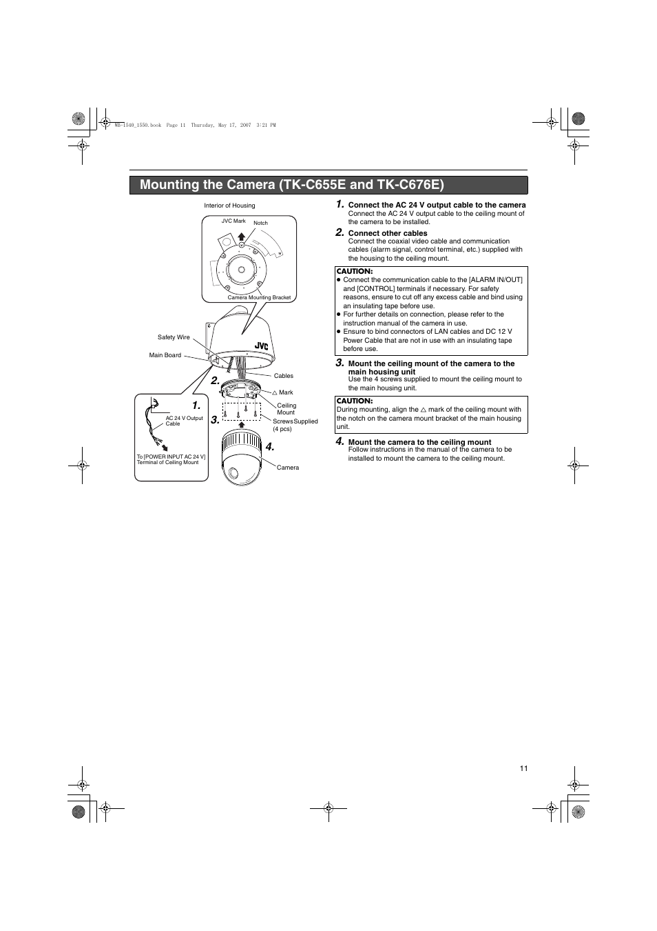Mounting the camera (tk-c655e and tk-c676e), Mounting the camera, Tk-c655e and tk-c676e | JVC WB-1540U User Manual | Page 11 / 16