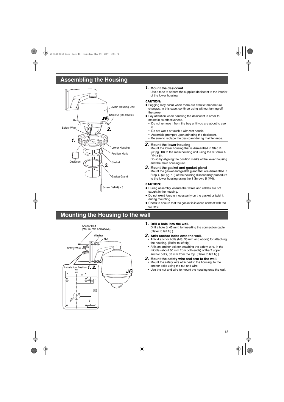 Assembling the housing, Mounting the housing to the wall | JVC WB-1540U User Manual | Page 13 / 16