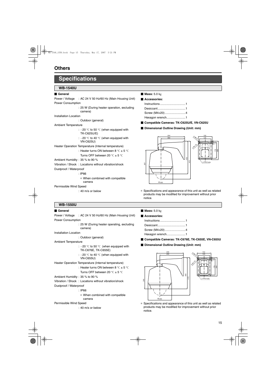 Others, Specifications, Others specifications | Wb-1540u wb-1550u, Wb-1540u, Wb-1550u | JVC WB-1540U User Manual | Page 15 / 16