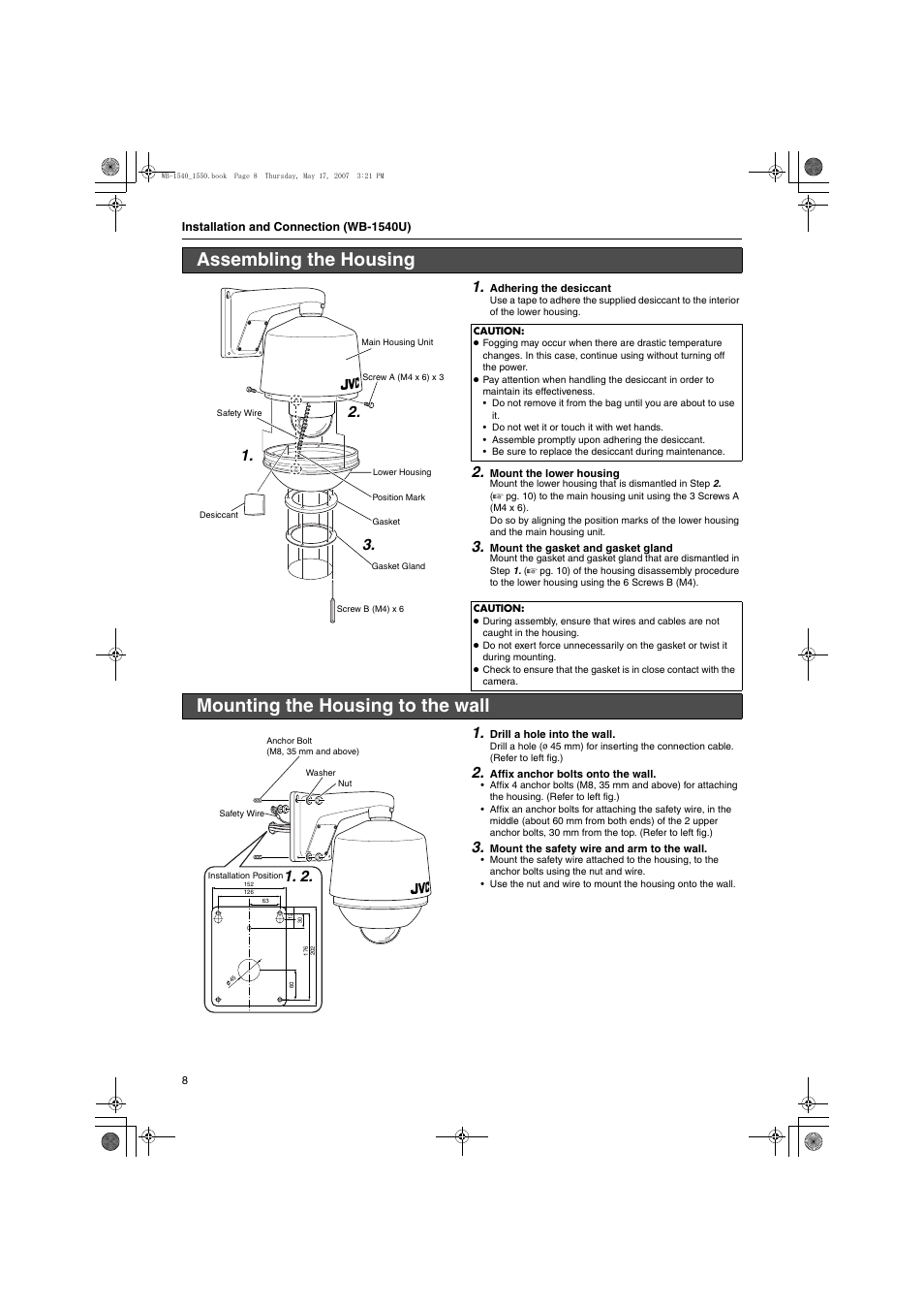 Assembling the housing, Mounting the housing to the wall | JVC WB-1540U User Manual | Page 8 / 16