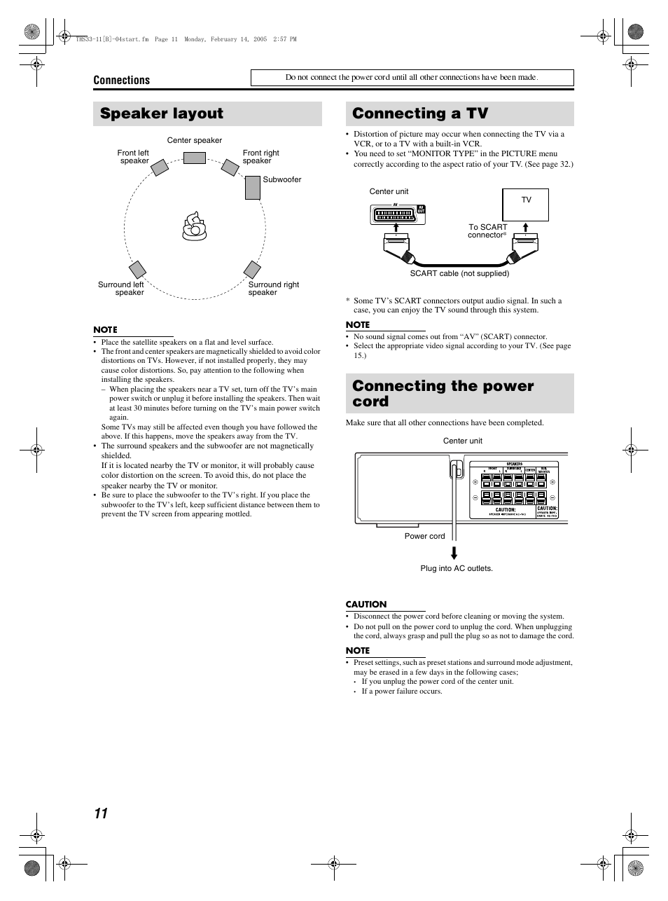 Speaker layout, Connecting a tv connecting the power cord, Connections | JVC SP-THS11F User Manual | Page 14 / 43