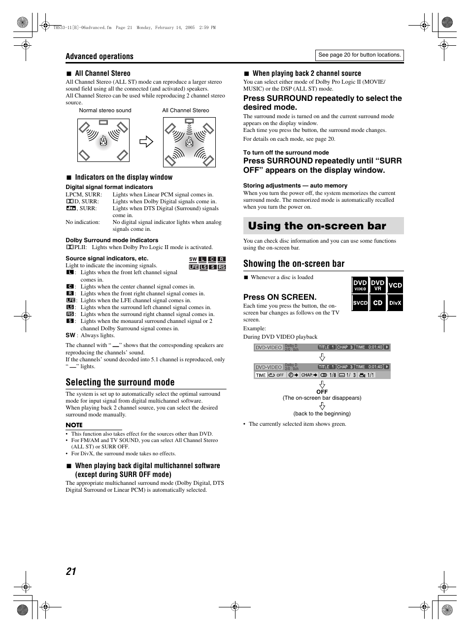 Using the on-screen bar, Selecting the surround mode, Showing the on-screen bar | JVC SP-THS11F User Manual | Page 24 / 43