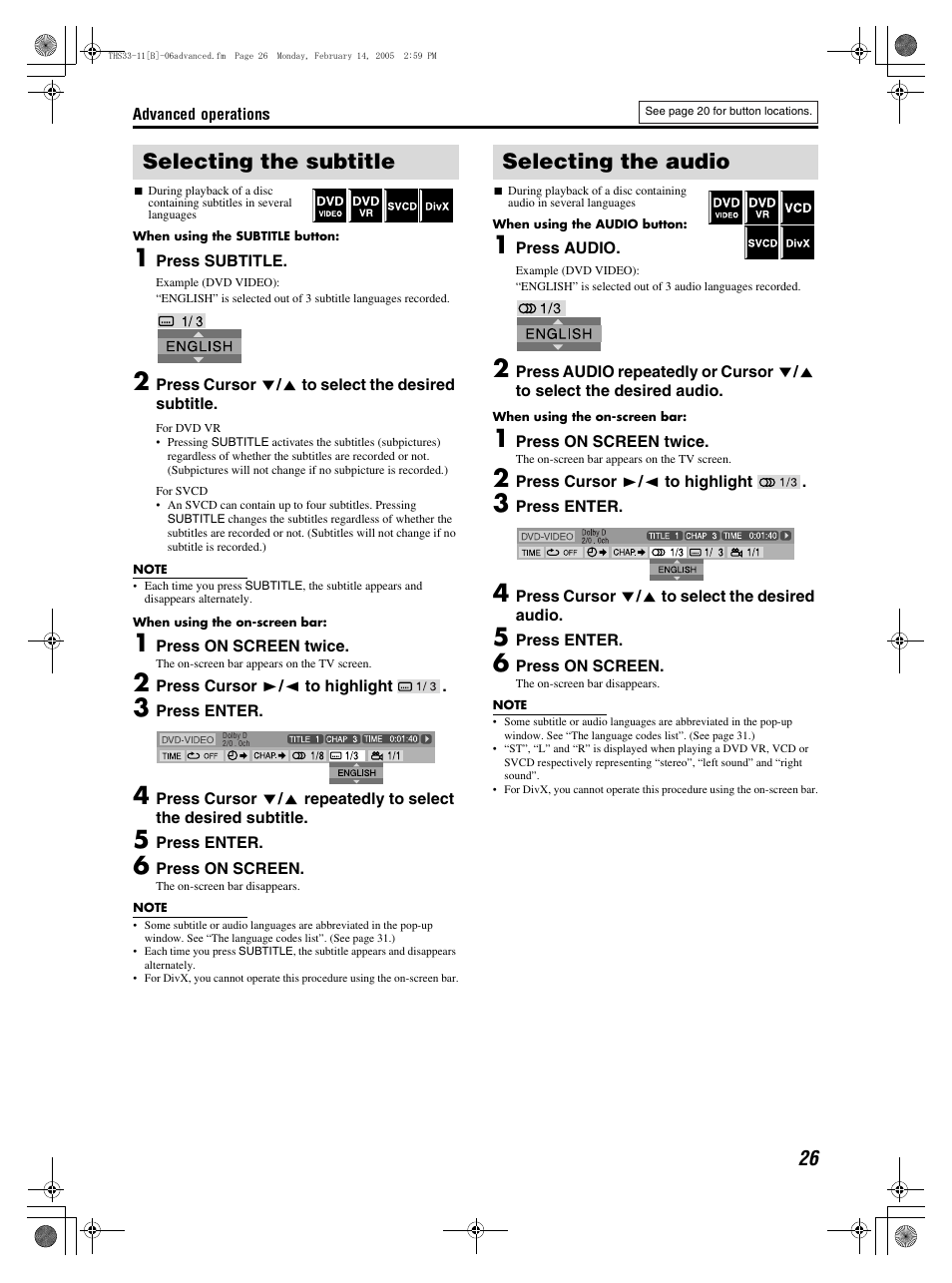 Selecting the subtitle, Selecting the audio | JVC SP-THS11F User Manual | Page 29 / 43