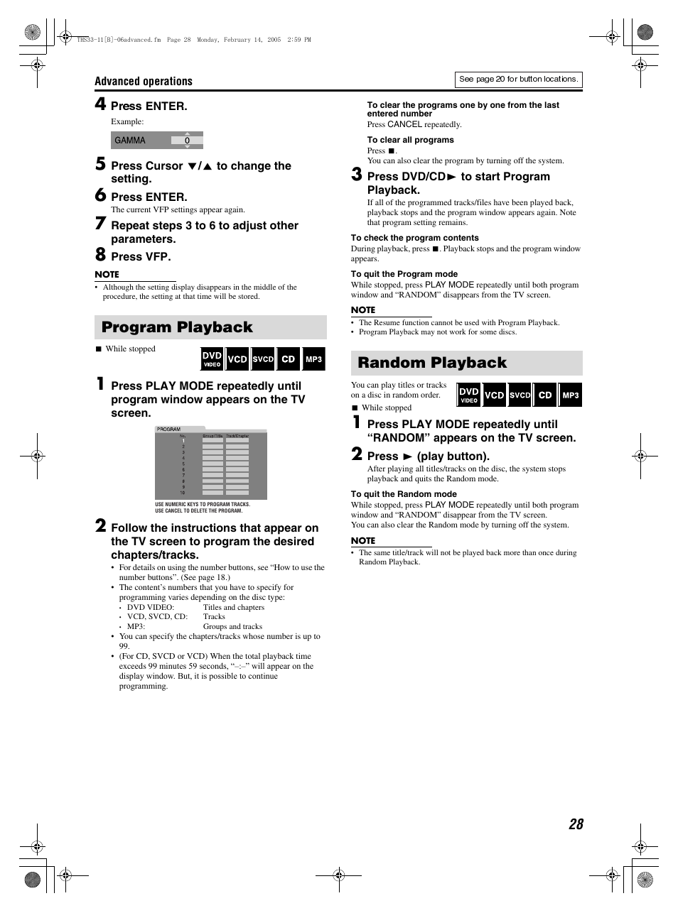 Program playback, Random playback | JVC SP-THS11F User Manual | Page 31 / 43