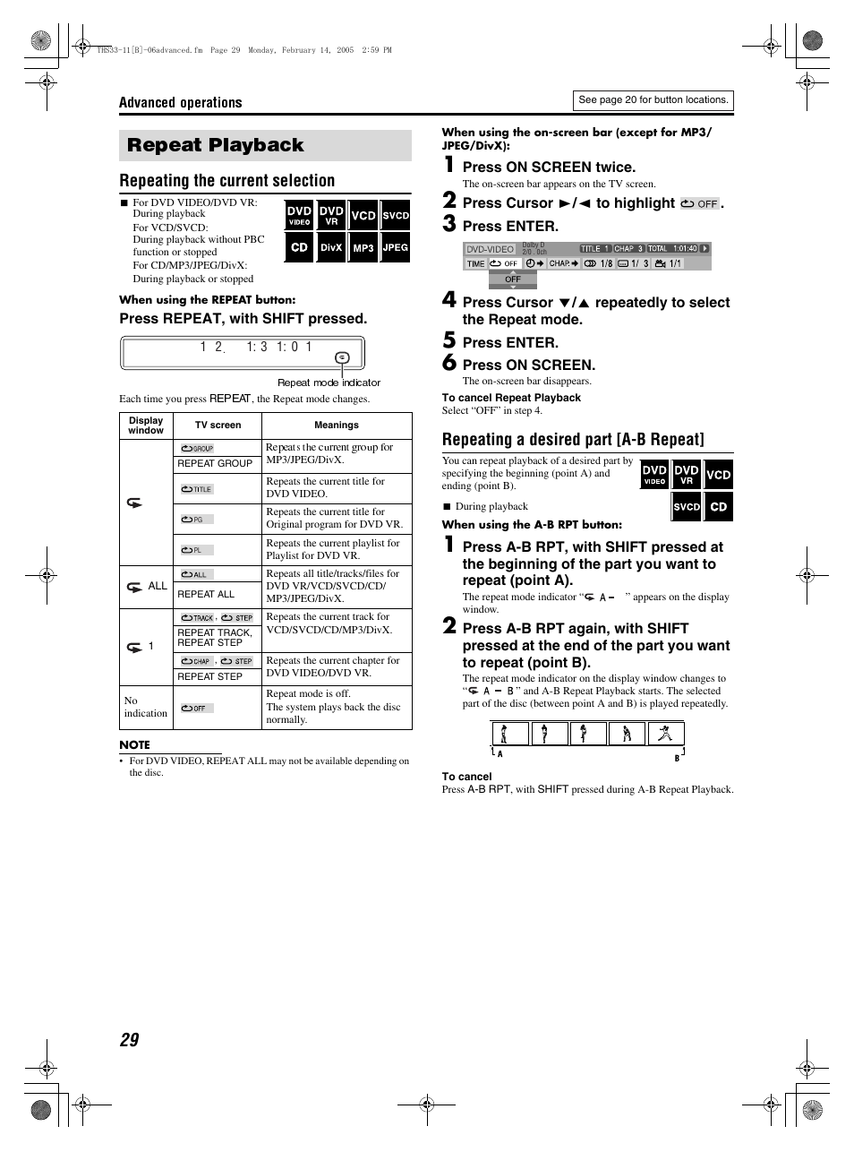Repeating the current selection, Repeating a desired part [a-b repeat | JVC SP-THS11F User Manual | Page 32 / 43