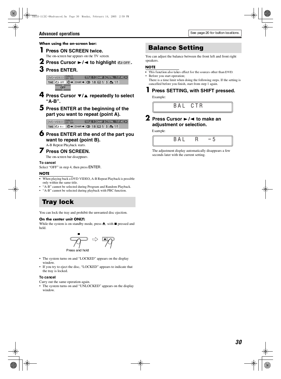 Tray lock, Balance setting | JVC SP-THS11F User Manual | Page 33 / 43