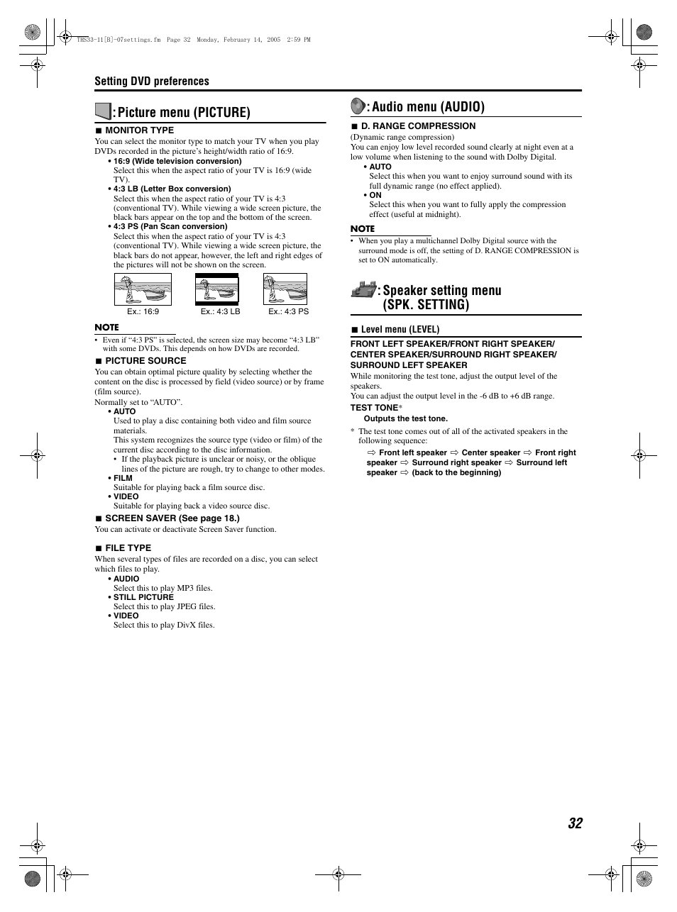 Picture menu (picture), Audio menu (audio), Speaker setting menu (spk. setting) | Setting dvd preferences | JVC SP-THS11F User Manual | Page 35 / 43