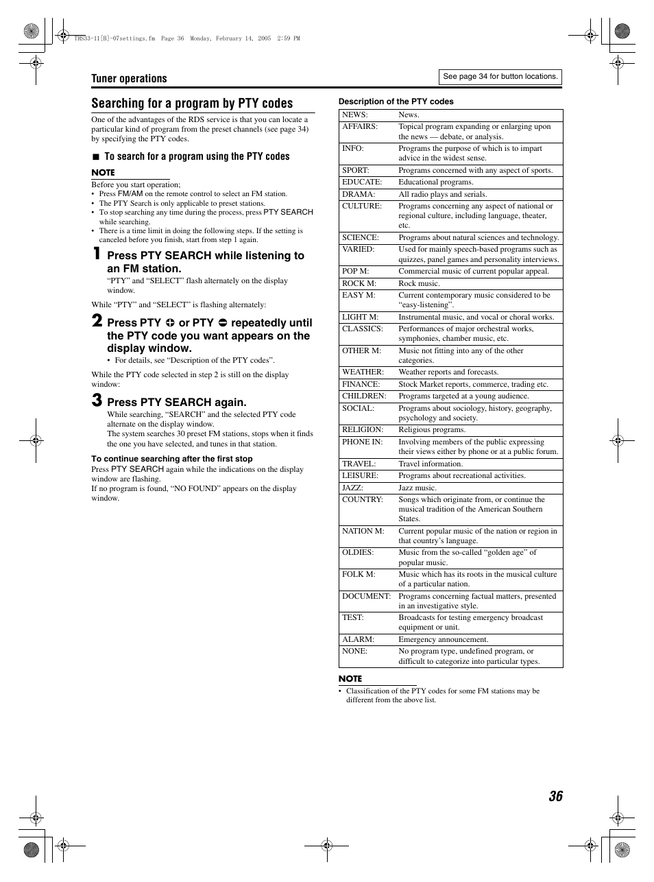 Searching for a program by pty codes | JVC SP-THS11F User Manual | Page 39 / 43