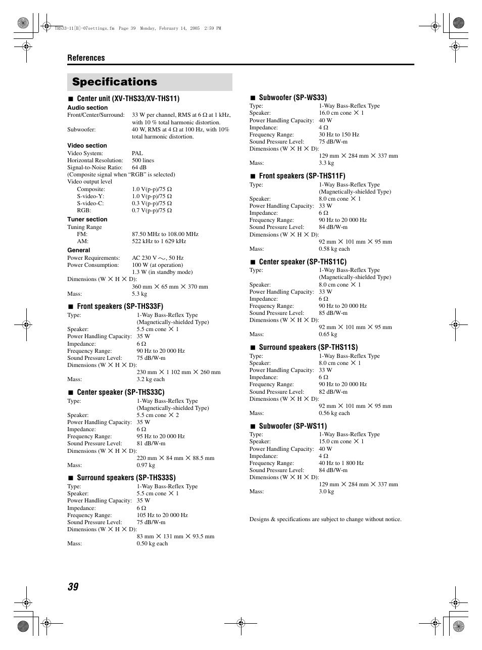 Specifications, References | JVC SP-THS11F User Manual | Page 42 / 43