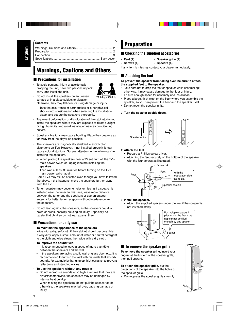 Warnings, cautions and others, Preparation | JVC SX-LT55U User Manual | Page 2 / 5