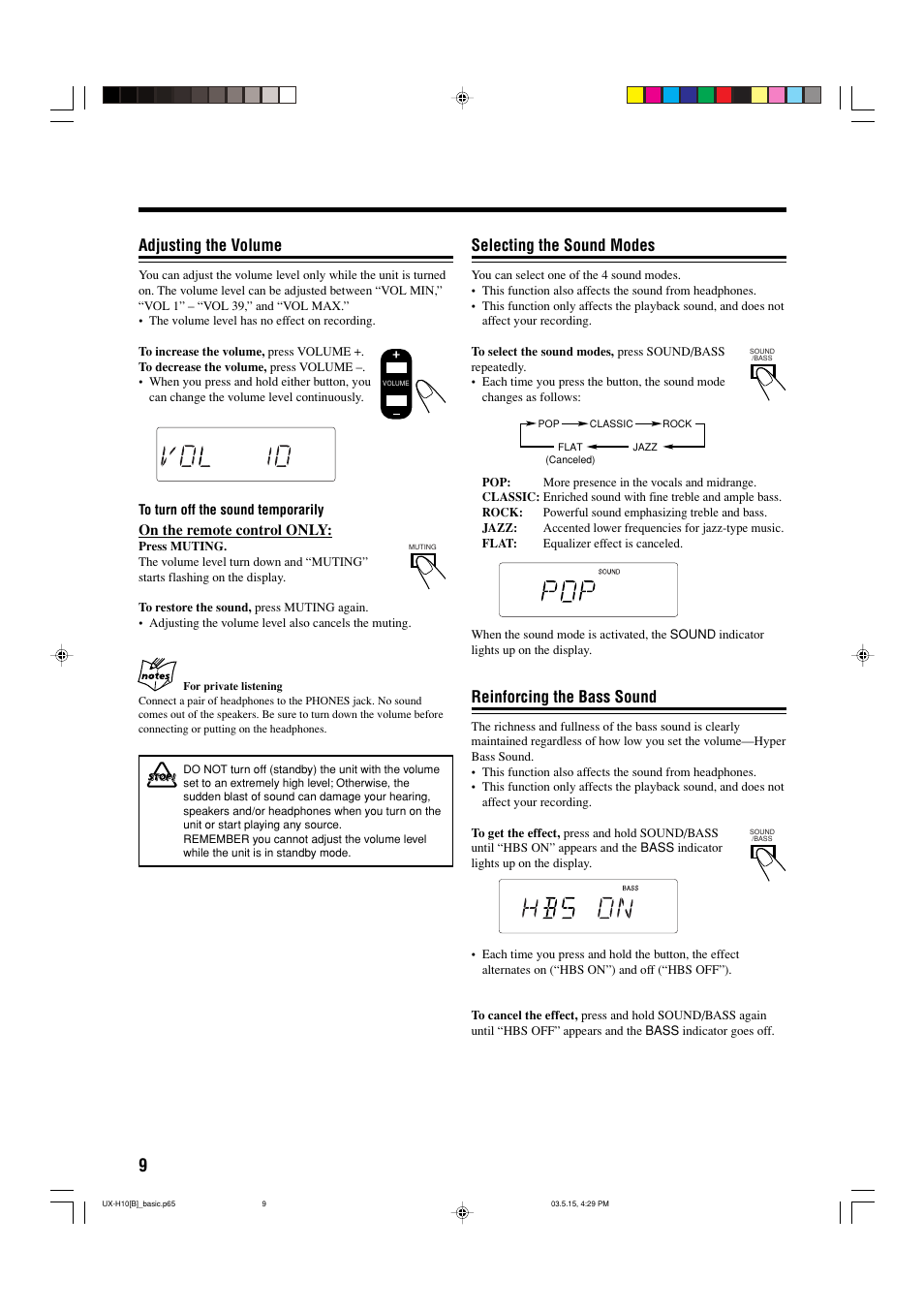 Selecting the sound modes, Reinforcing the bass sound, Adjusting the volume | JVC CA-UXH10 User Manual | Page 12 / 26