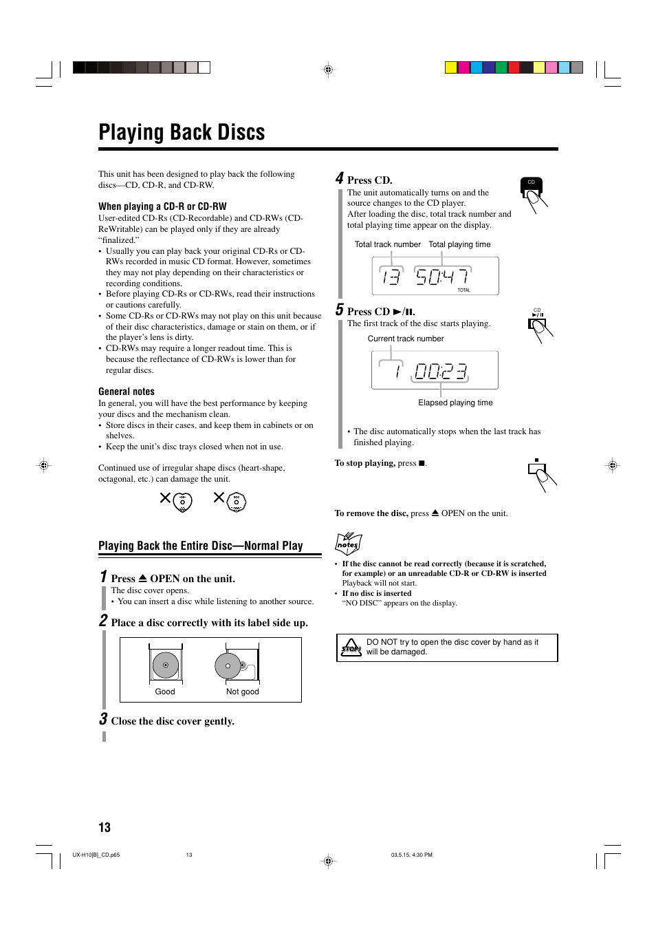 Playing back discs | JVC CA-UXH10 User Manual | Page 16 / 26