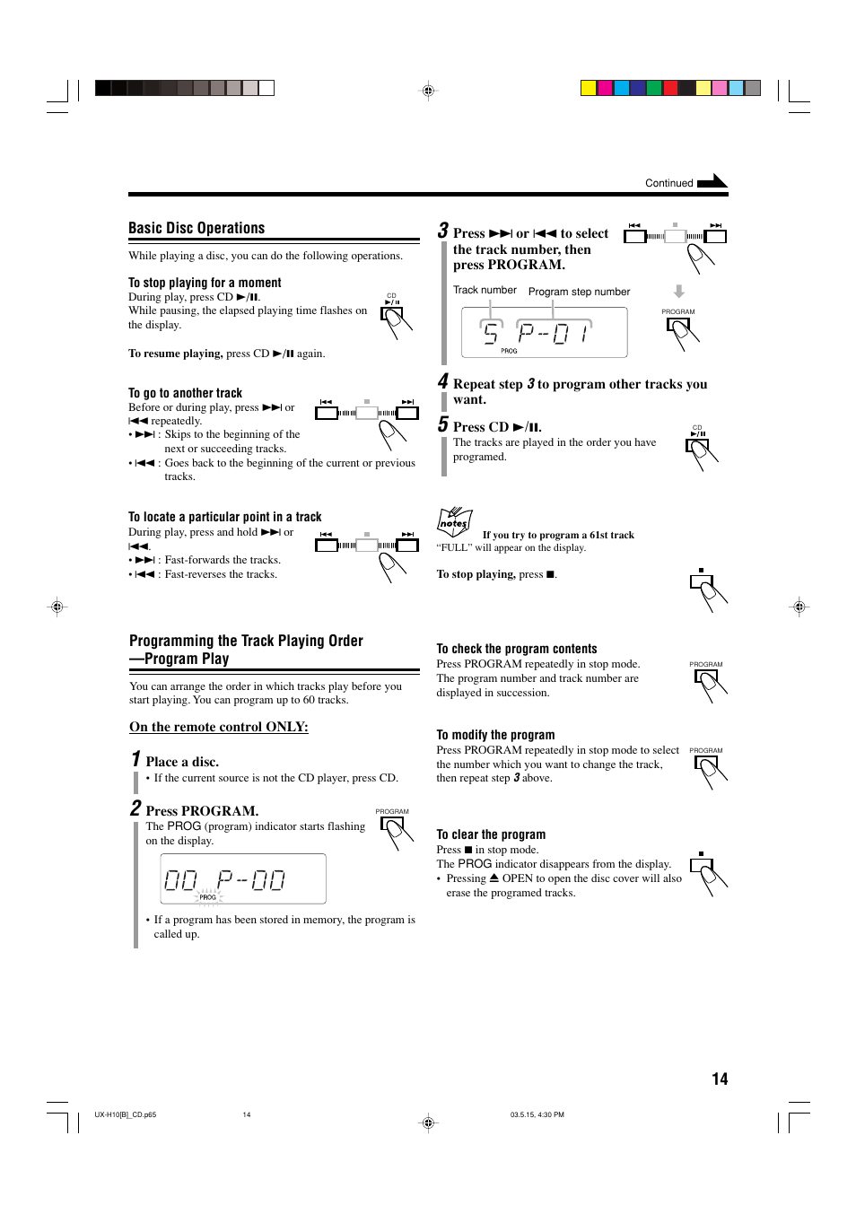 Basic disc operations, Programming the track playing order —program play | JVC CA-UXH10 User Manual | Page 17 / 26