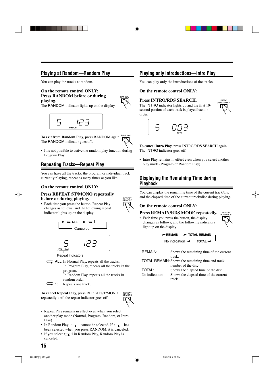 Playing at random—random play, Repeating tracks—repeat play, Playing only introductions—intro play | Displaying the remaining time during playback | JVC CA-UXH10 User Manual | Page 18 / 26