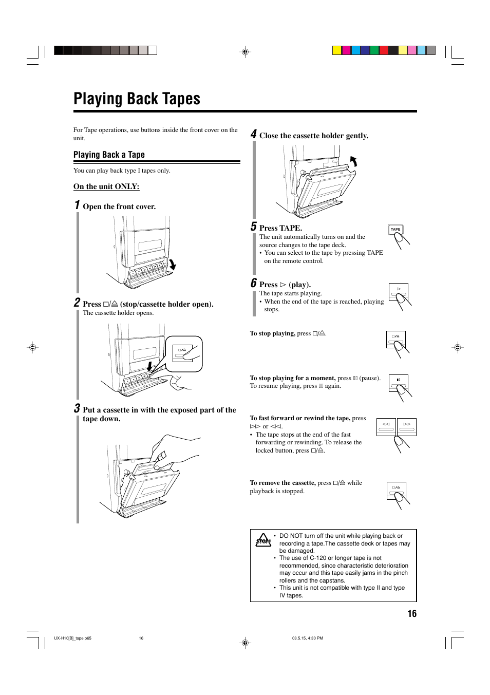 Playing back tapes | JVC CA-UXH10 User Manual | Page 19 / 26