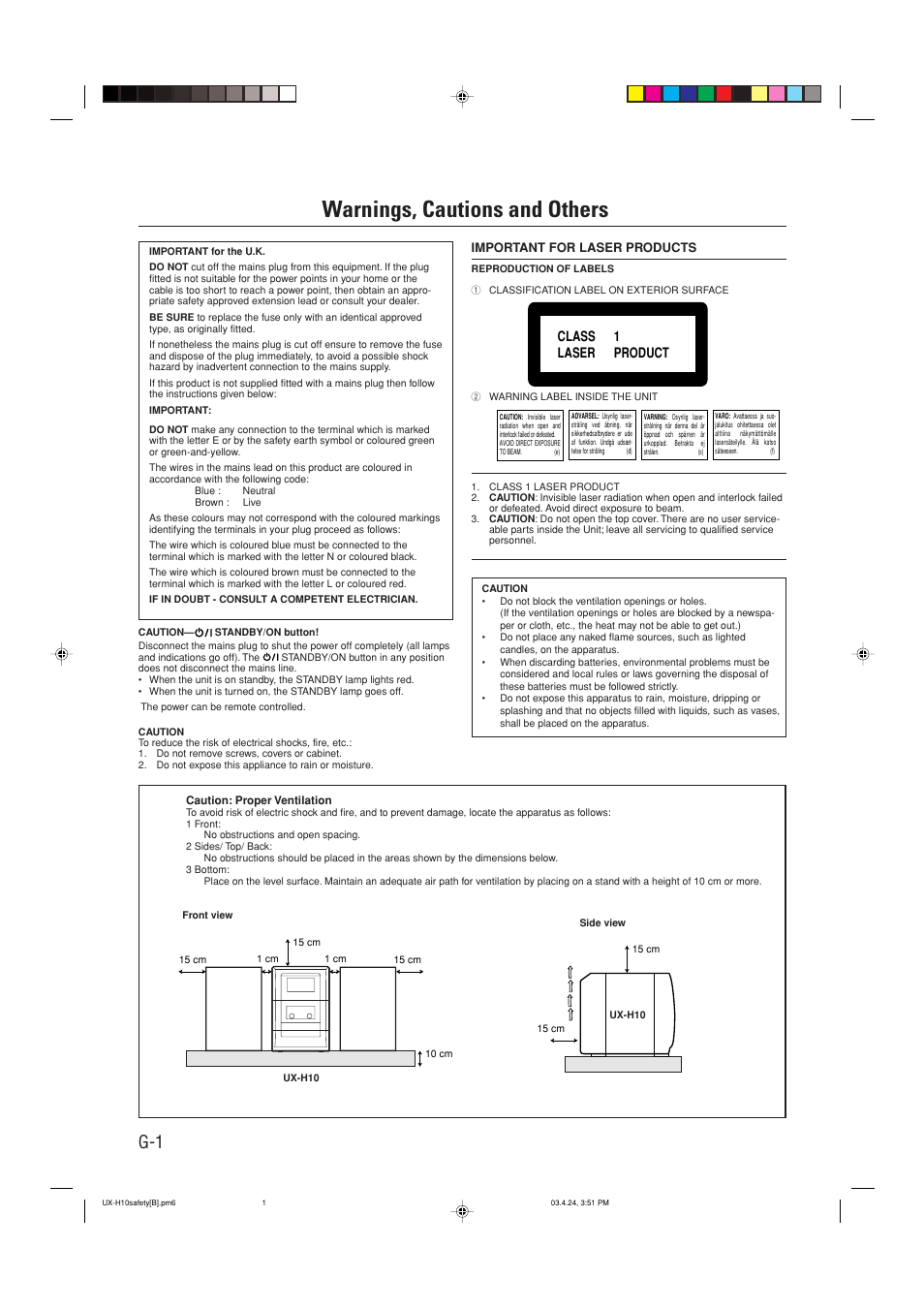 Warnings, cautions and others, Class 1 laser product | JVC CA-UXH10 User Manual | Page 2 / 26