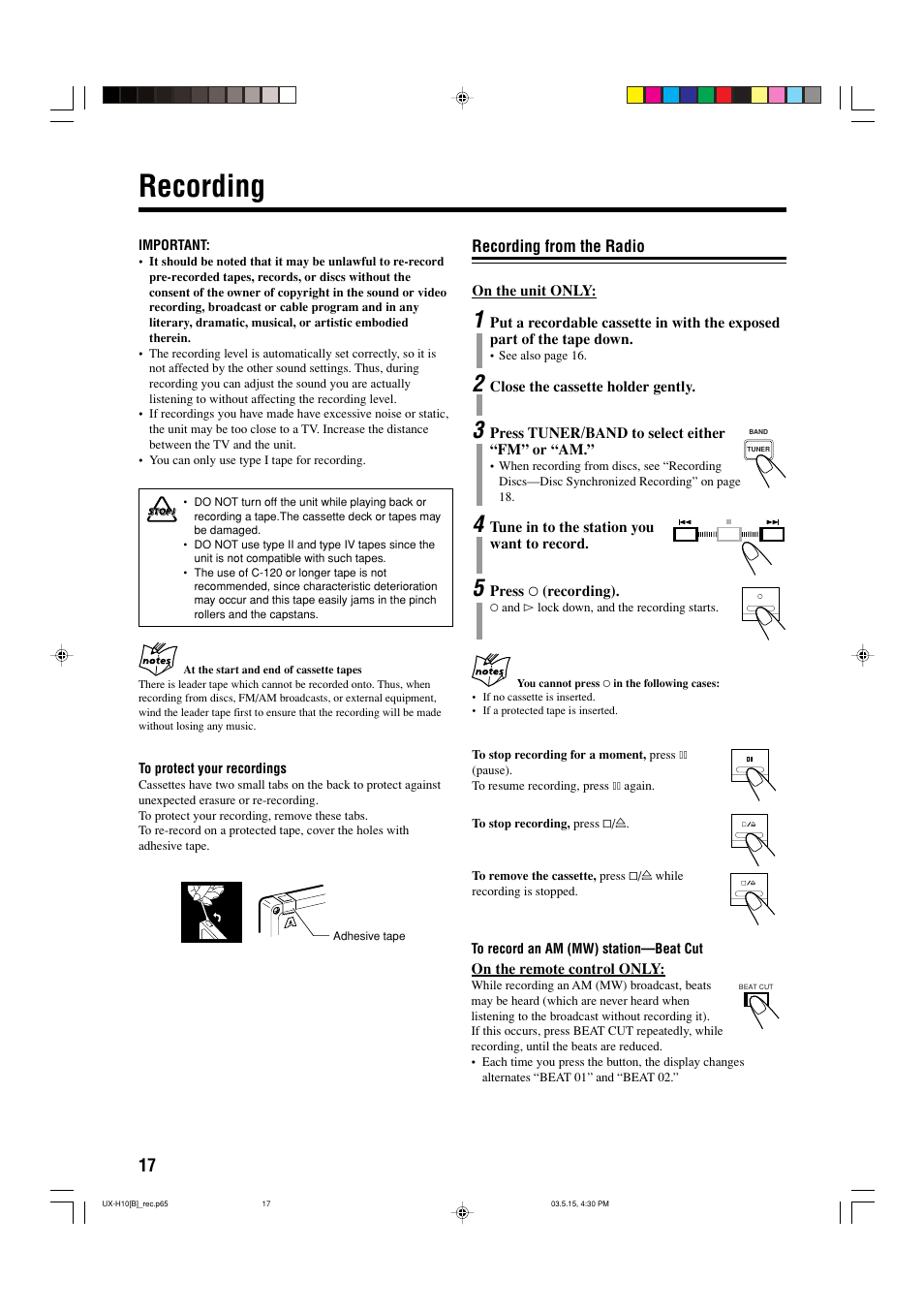 Recording | JVC CA-UXH10 User Manual | Page 20 / 26