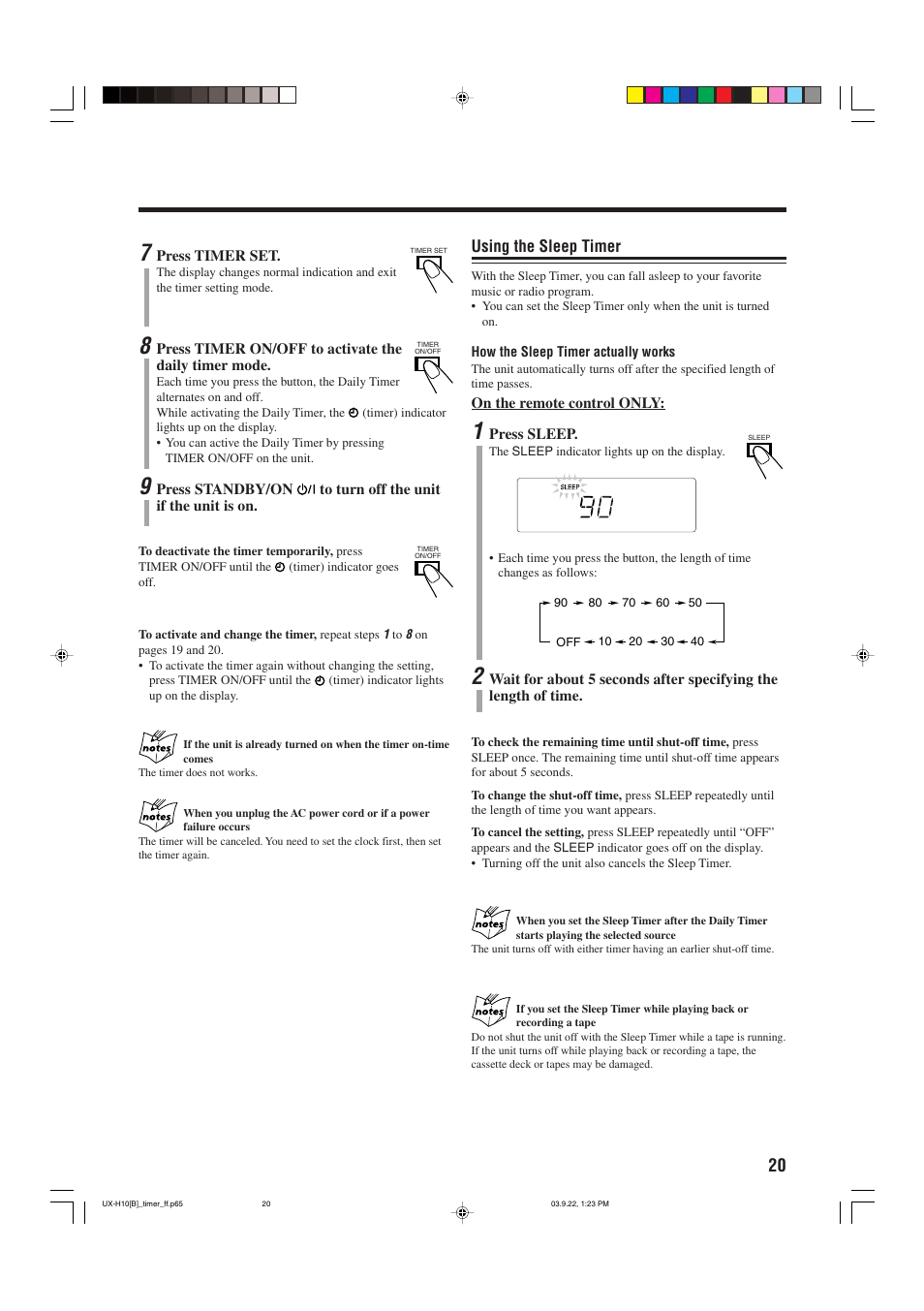 Using the sleep timer | JVC CA-UXH10 User Manual | Page 23 / 26