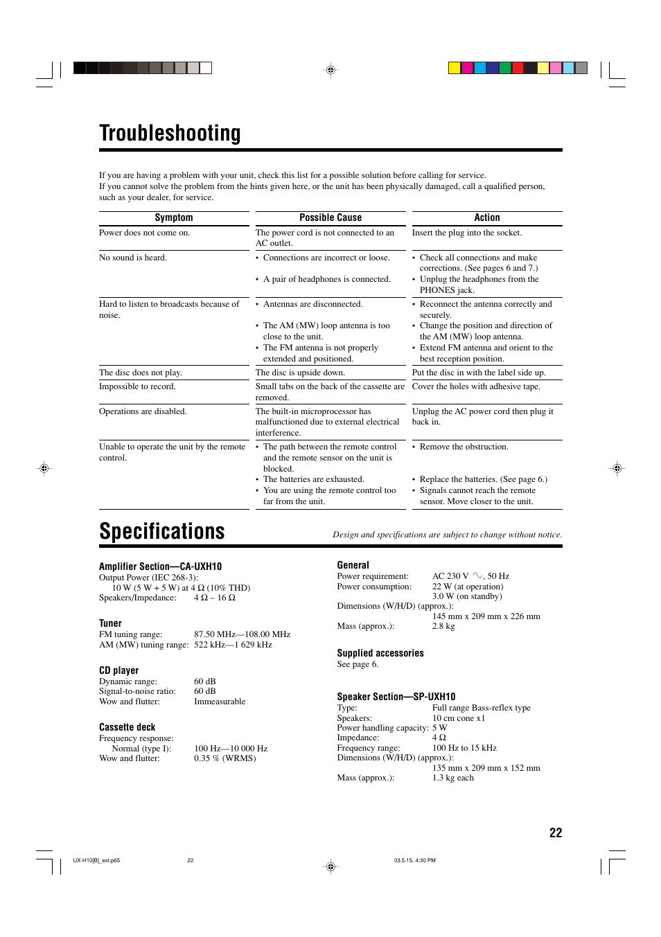 Troubleshooting, Specifications | JVC CA-UXH10 User Manual | Page 25 / 26