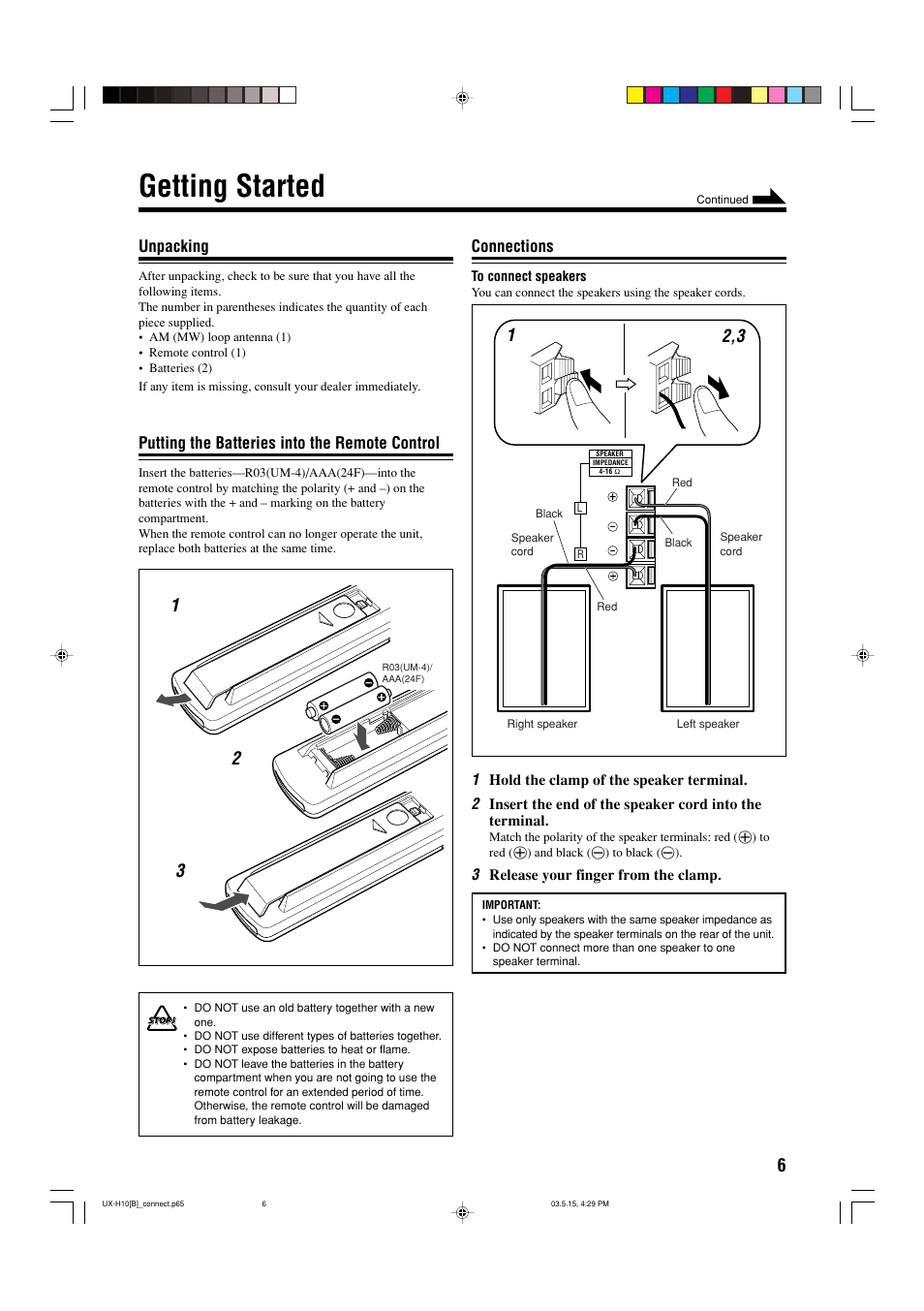 Getting started, Unpacking, Putting the batteries into the remote control | Connections | JVC CA-UXH10 User Manual | Page 9 / 26