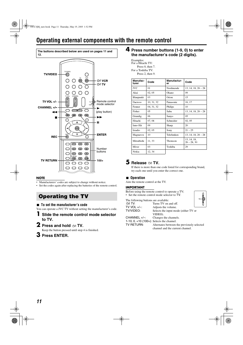 Operating the tv, Slide the remote control mode selector to tv, Press and hold tv | Press enter, Release tv | JVC SP-PWC3 User Manual | Page 14 / 44
