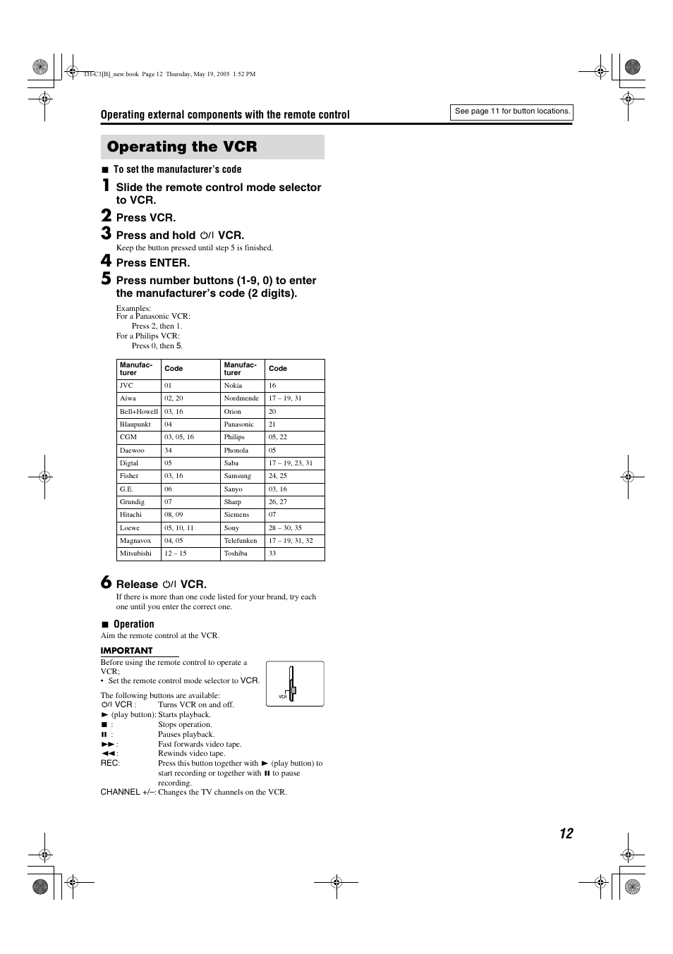 Operating the vcr | JVC SP-PWC3 User Manual | Page 15 / 44