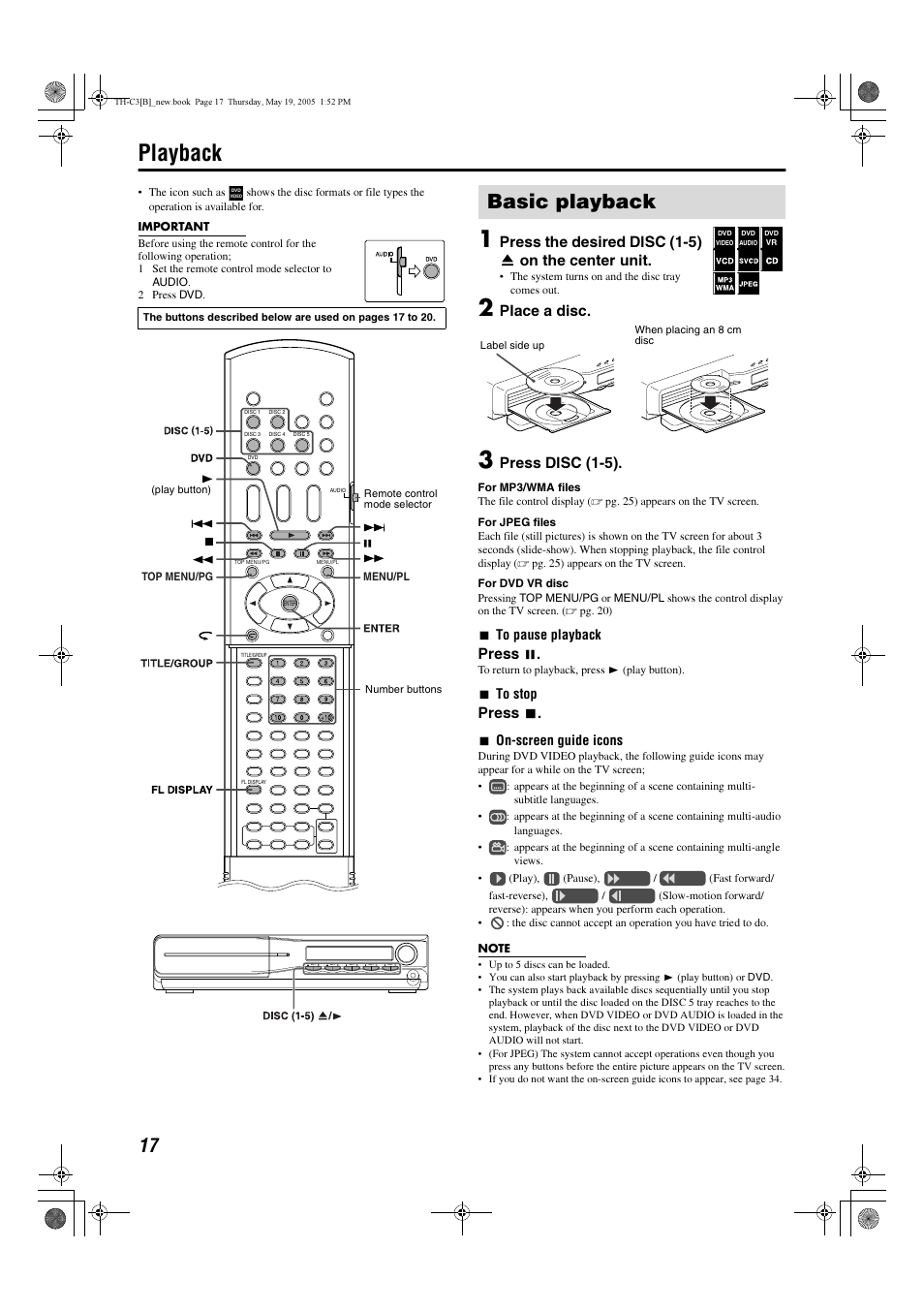 Playback, Basic playback, Press the desired disc (1-5) 0 on the center unit | Place a disc, Press disc (1-5), Press 8, Press 7 | JVC SP-PWC3 User Manual | Page 20 / 44
