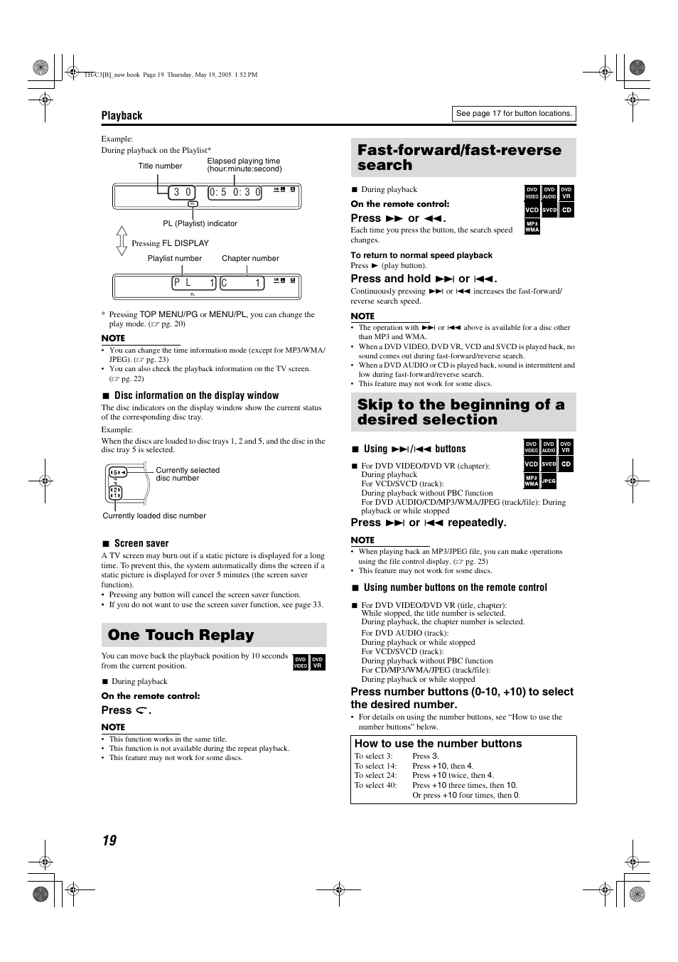 One touch replay, Playback, Press | Press y or 1, Press and hold x or 4, Press x or 4 repeatedly, How to use the number buttons | JVC SP-PWC3 User Manual | Page 22 / 44