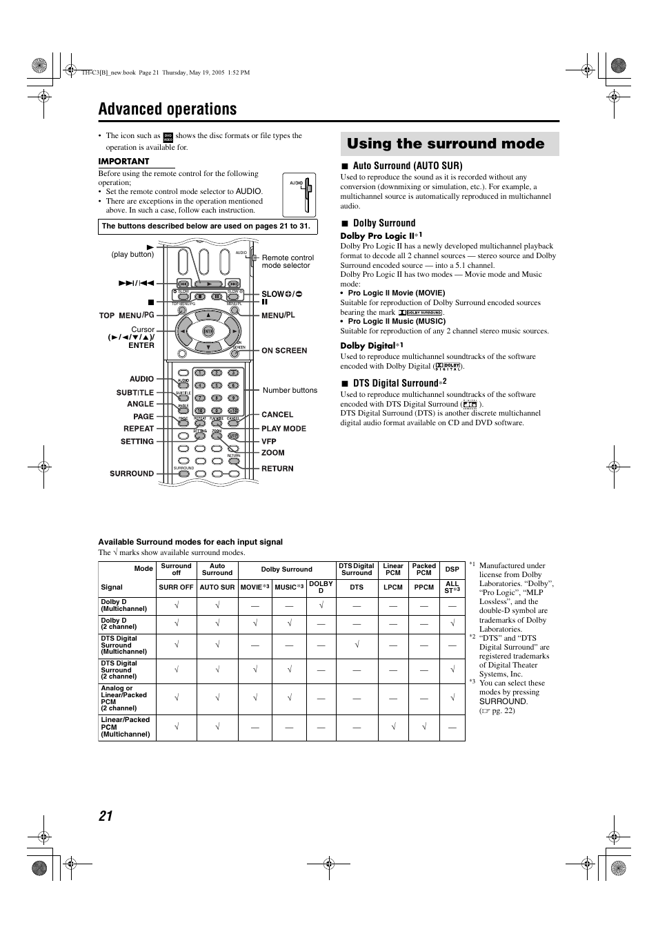 Advanced operations, Using the surround mode, 7auto surround (auto sur) | 7dolby surround, 7dts digital surround | JVC SP-PWC3 User Manual | Page 24 / 44