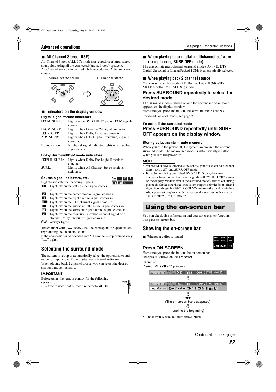 Using the on-screen bar, Selecting the surround mode, Showing the on-screen bar | JVC SP-PWC3 User Manual | Page 25 / 44