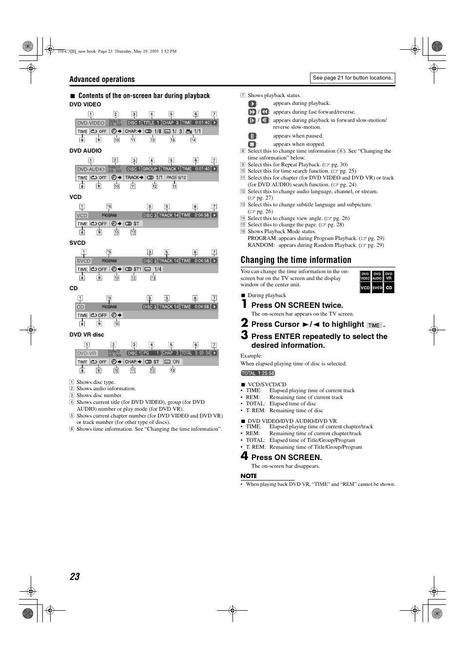 Changing the time information, Advanced operations, Press on screen twice | Press cursor 3/2 to highlight, Press on screen | JVC SP-PWC3 User Manual | Page 26 / 44
