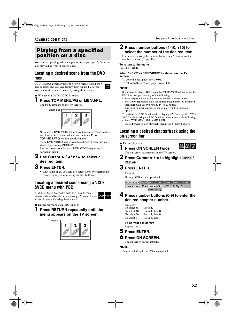 Playing from a specified position on a disc, Locating a desired scene from the dvd menu | JVC SP-PWC3 User Manual | Page 27 / 44
